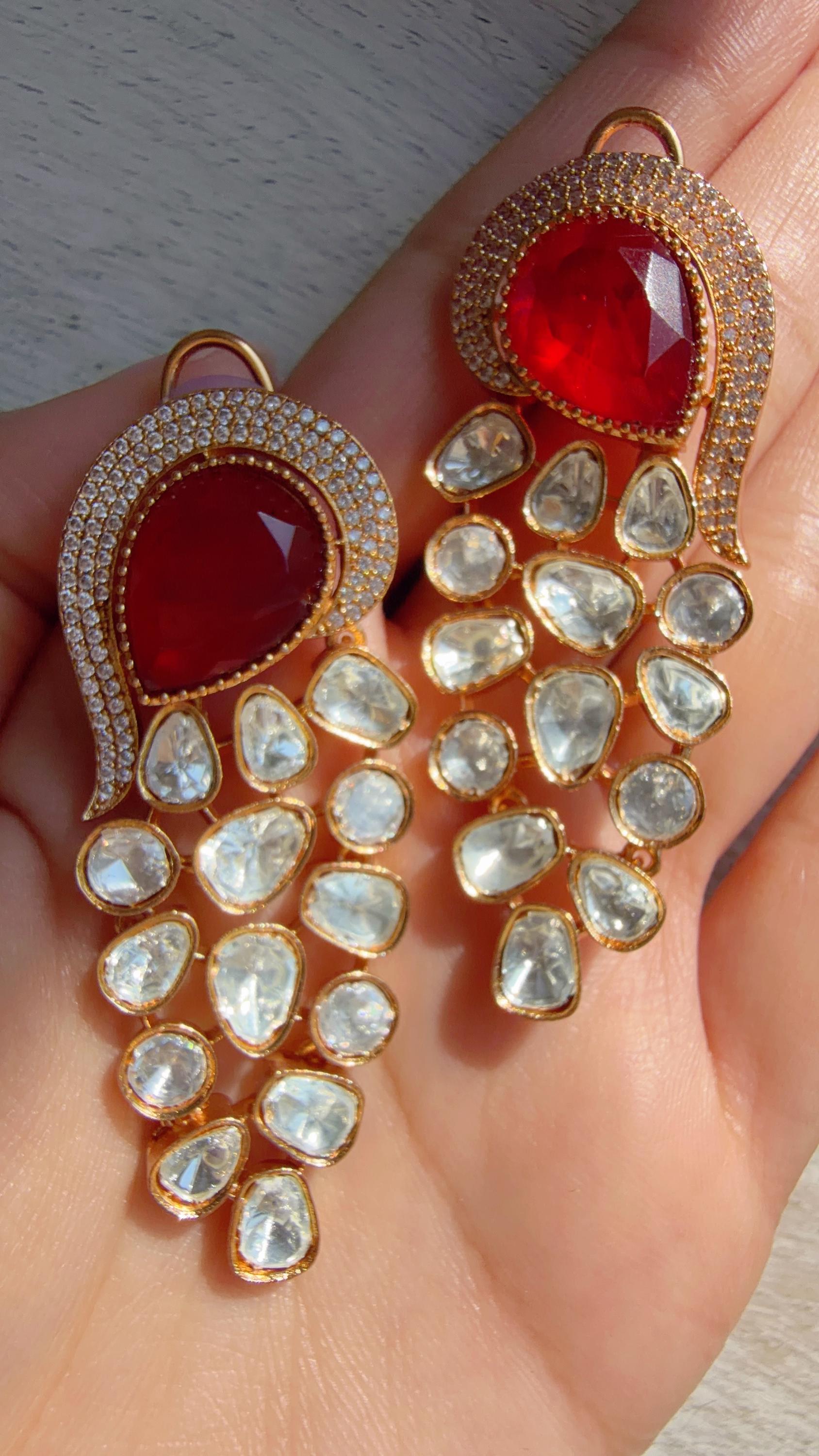 Sabyasachi-Inspired Moissanite kundan Ruby danglers Earrings/Elegant Statement Jewelry/Moissanite Earrings/Bridal Diamond