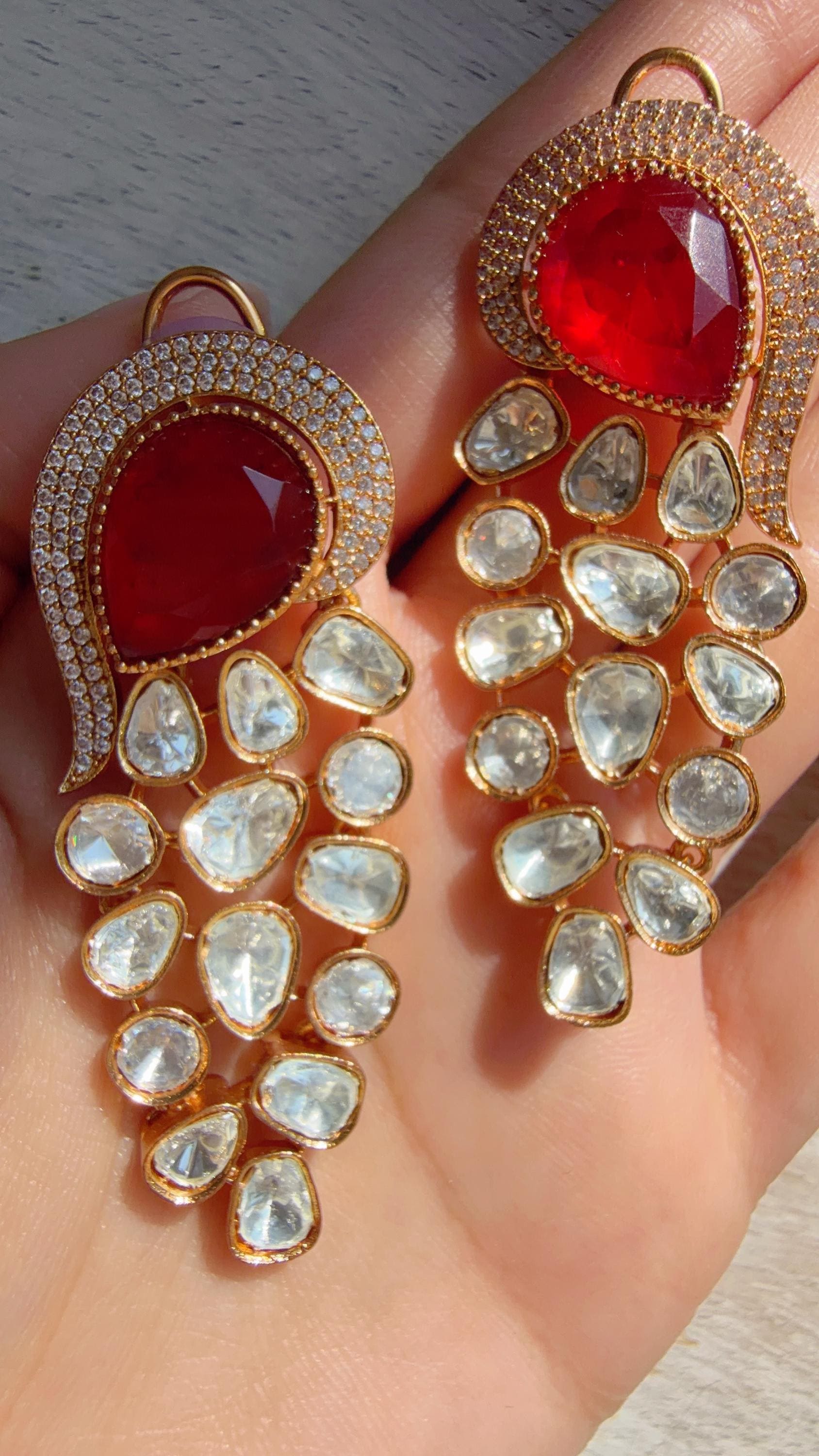 Sabyasachi-Inspired Moissanite kundan Ruby danglers Earrings/Elegant Statement Jewelry/Moissanite Earrings/Bridal Diamond