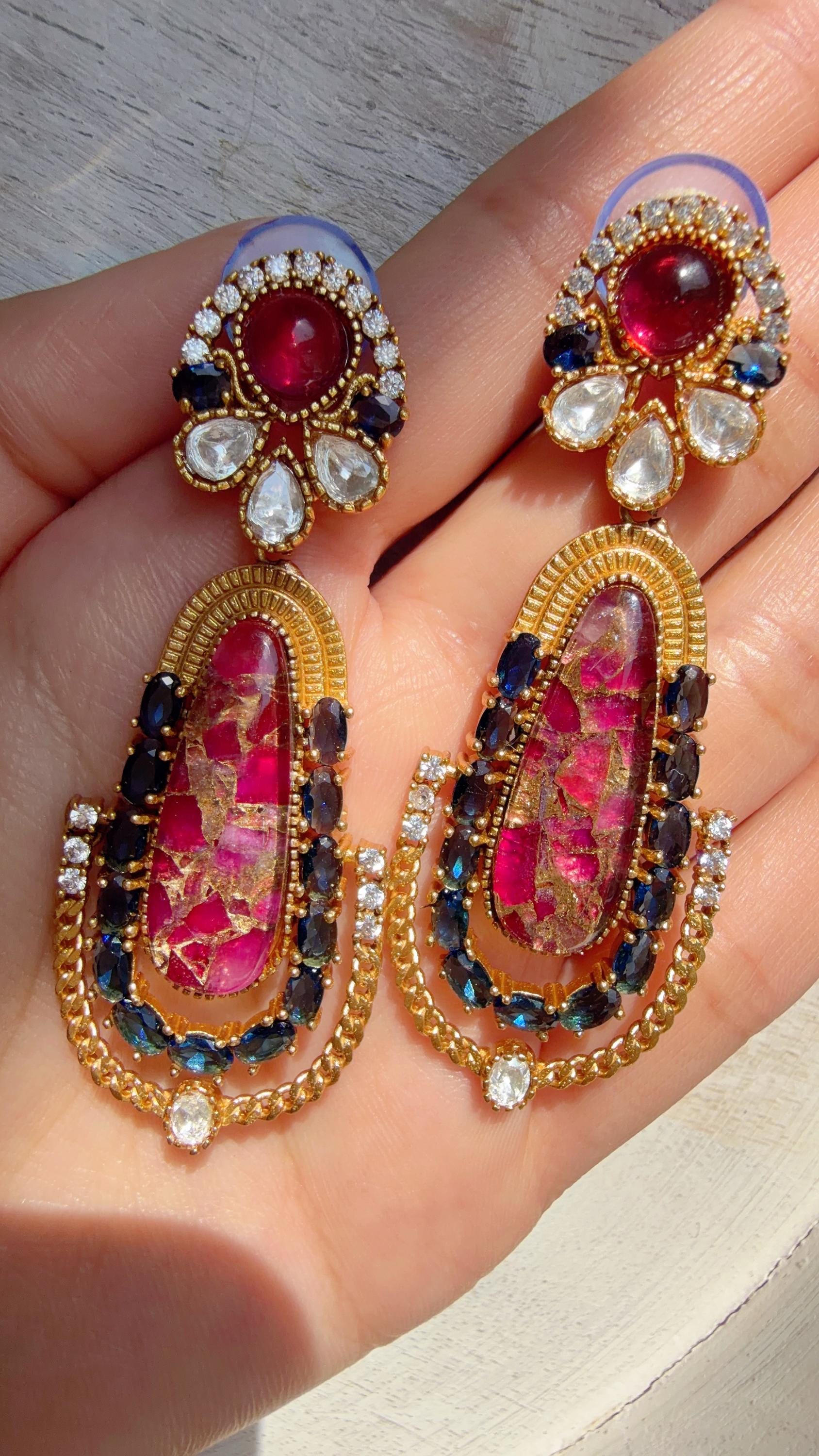 Kiran Sabyasachi-Inspired Moissanite Navy and Pink Earrings/Elegant Statement Jewelry/ Moissanite Multi Earrings/Bridal Diamond earrings