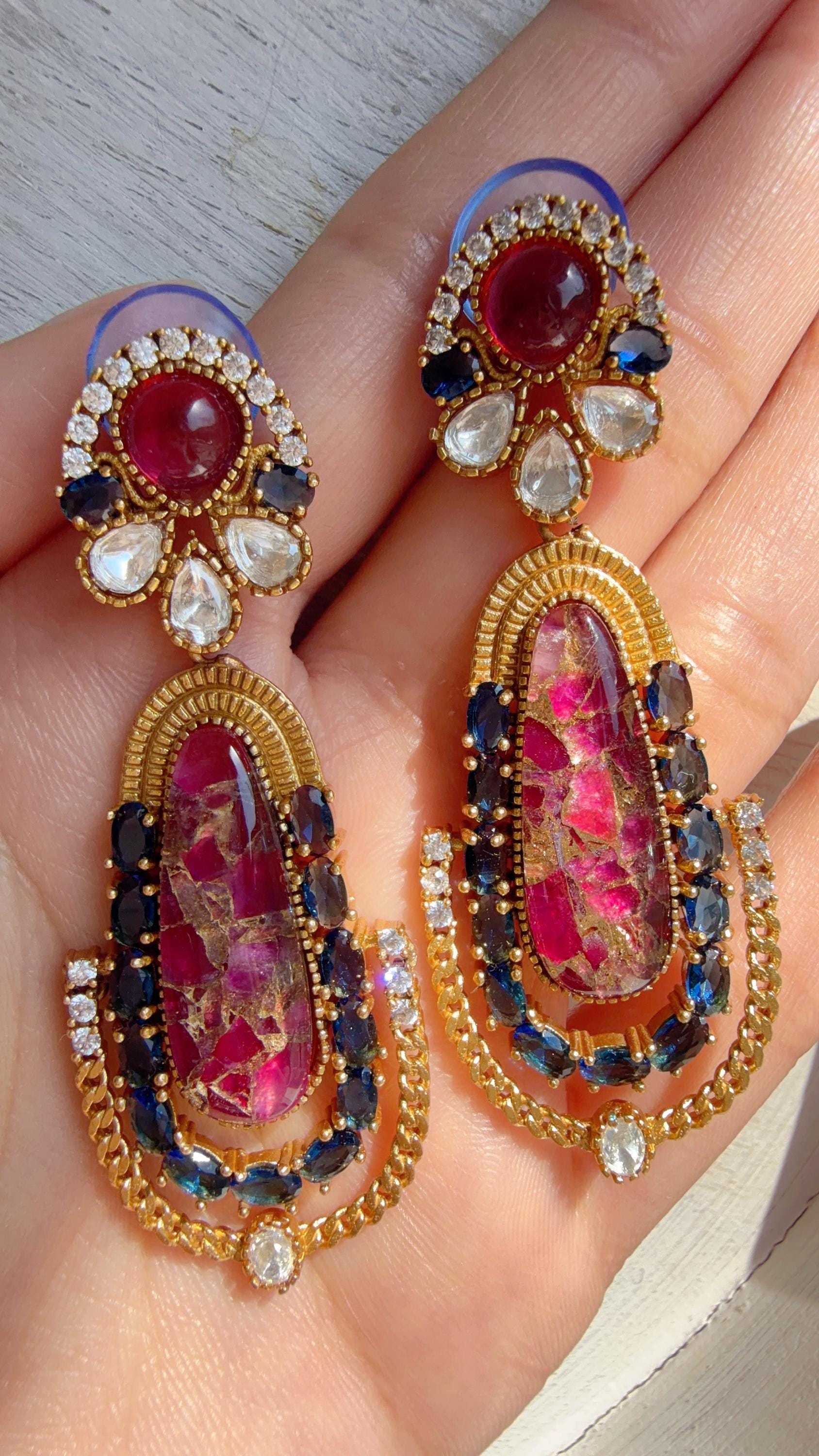 Kiran Sabyasachi-Inspired Moissanite Navy and Pink Earrings/Elegant Statement Jewelry/ Moissanite Multi Earrings/Bridal Diamond earrings