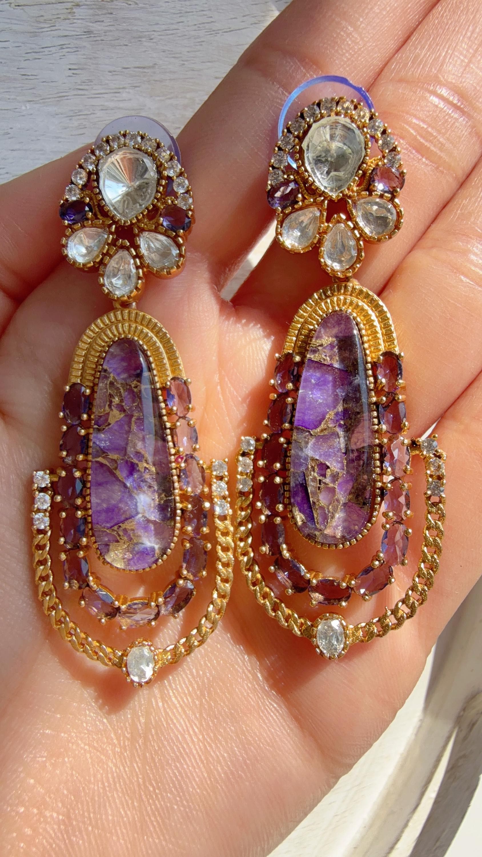 Kiran Sabyasachi-Inspired Moissanite Purple Earrings/Elegant Statement Jewelry/ Moissanite Multi Earrings/Bridal Diamond earrings