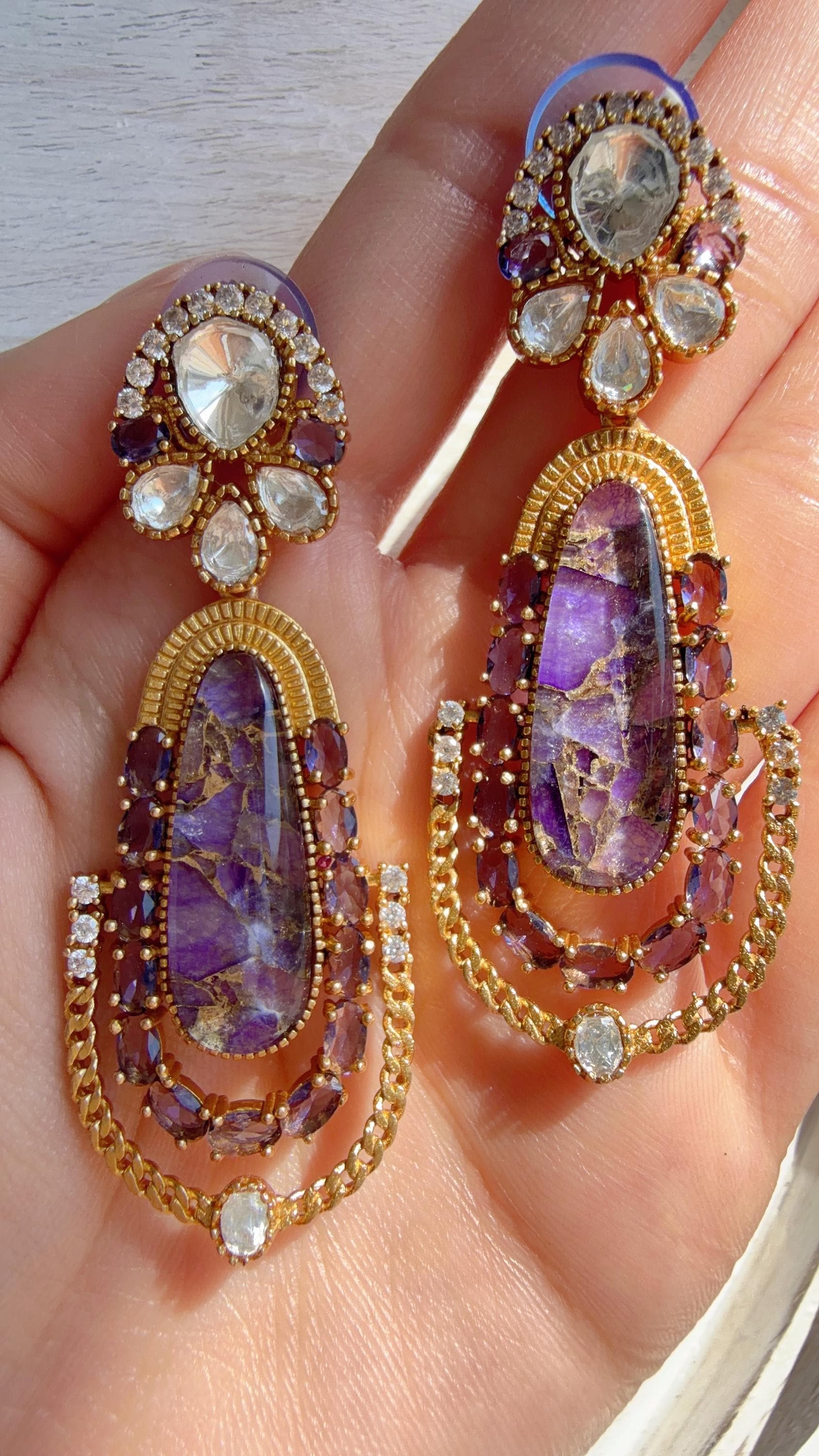 Kiran Sabyasachi-Inspired Moissanite Purple Earrings/Elegant Statement Jewelry/ Moissanite Multi Earrings/Bridal Diamond earrings