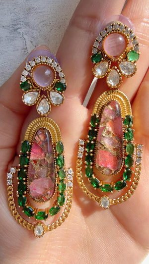 Kiran Sabyasachi-Inspired Moissanite Emerald Baby Pink Earrings/Elegant Statement Jewelry/ Moissanite Multi Earrings/Bridal Diamond earrings