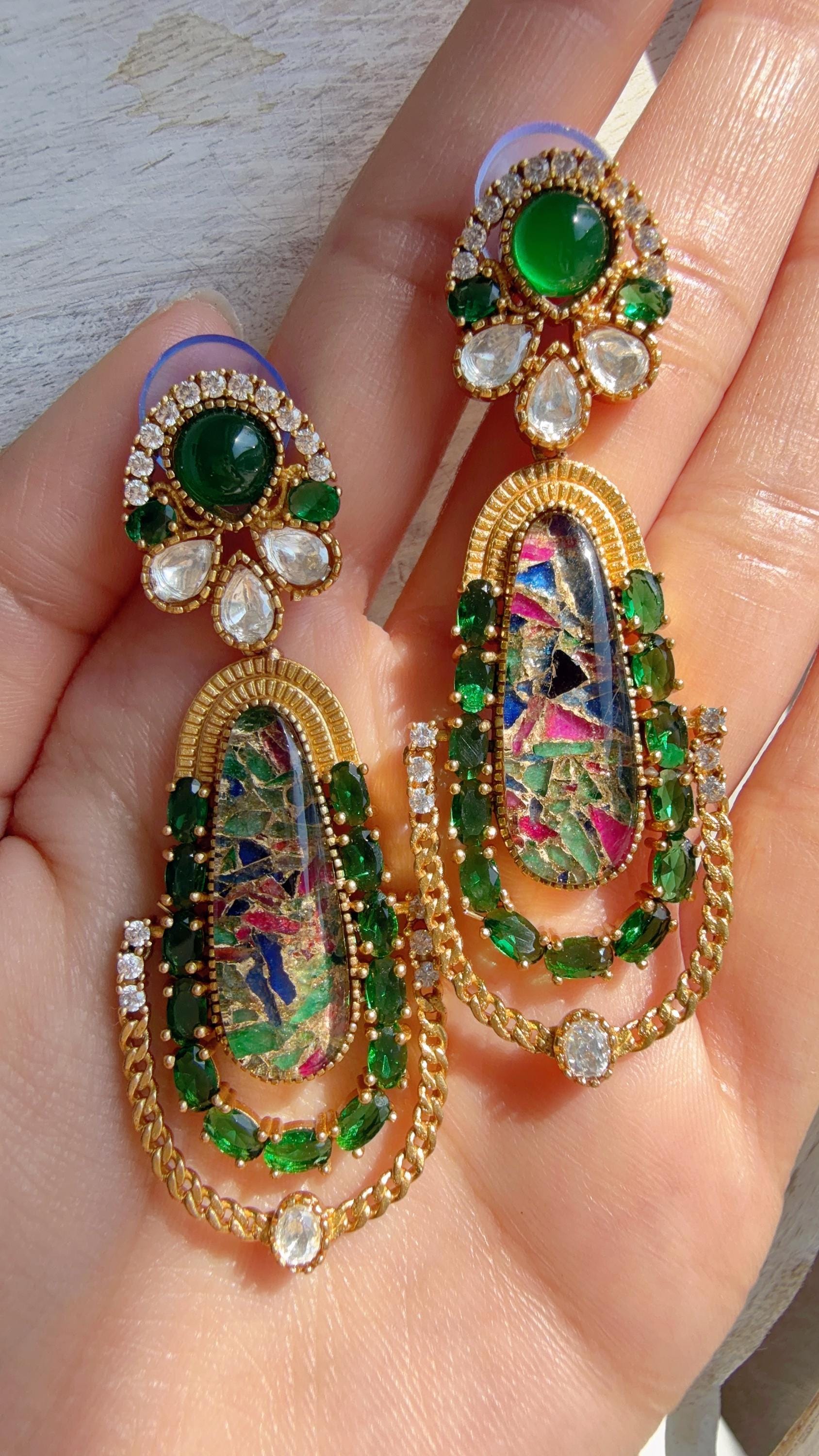 Kiran Sabyasachi-Inspired Moissanite Emerald Green Earrings/Elegant Statement Jewelry/ Moissanite Multi Earrings/Bridal Diamond earrings