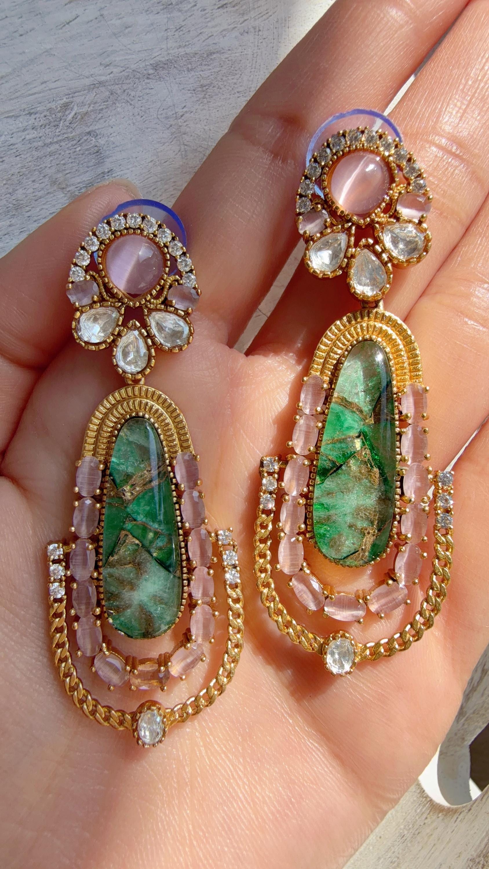 Kiran Sabyasachi-Inspired Moissanite Baby Pink Green Earrings/Elegant Statement Jewelry/ Moissanite Multi Earrings/Bridal Diamond earrings