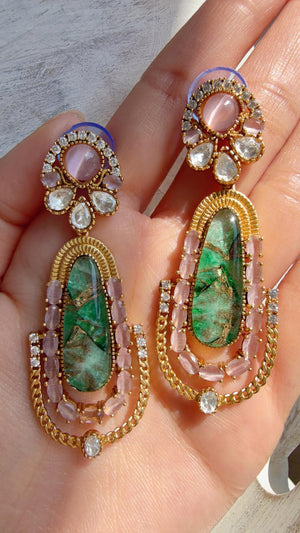 Kiran Sabyasachi-Inspired Moissanite Baby Pink Green Earrings/Elegant Statement Jewelry/ Moissanite Multi Earrings/Bridal Diamond earrings
