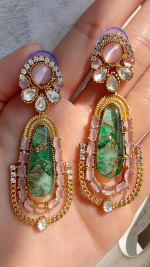 Kiran Sabyasachi-Inspired Moissanite Baby Pink Green Earrings/Elegant Statement Jewelry/ Moissanite Multi Earrings/Bridal Diamond earrings