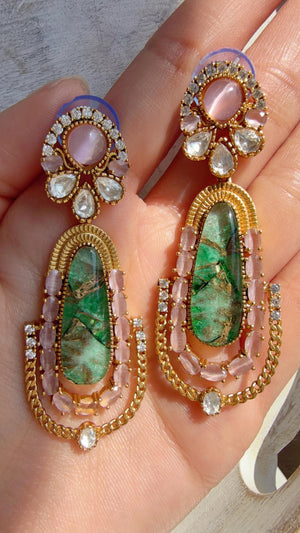 Kiran Sabyasachi-Inspired Moissanite Baby Pink Green Earrings/Elegant Statement Jewelry/ Moissanite Multi Earrings/Bridal Diamond earrings