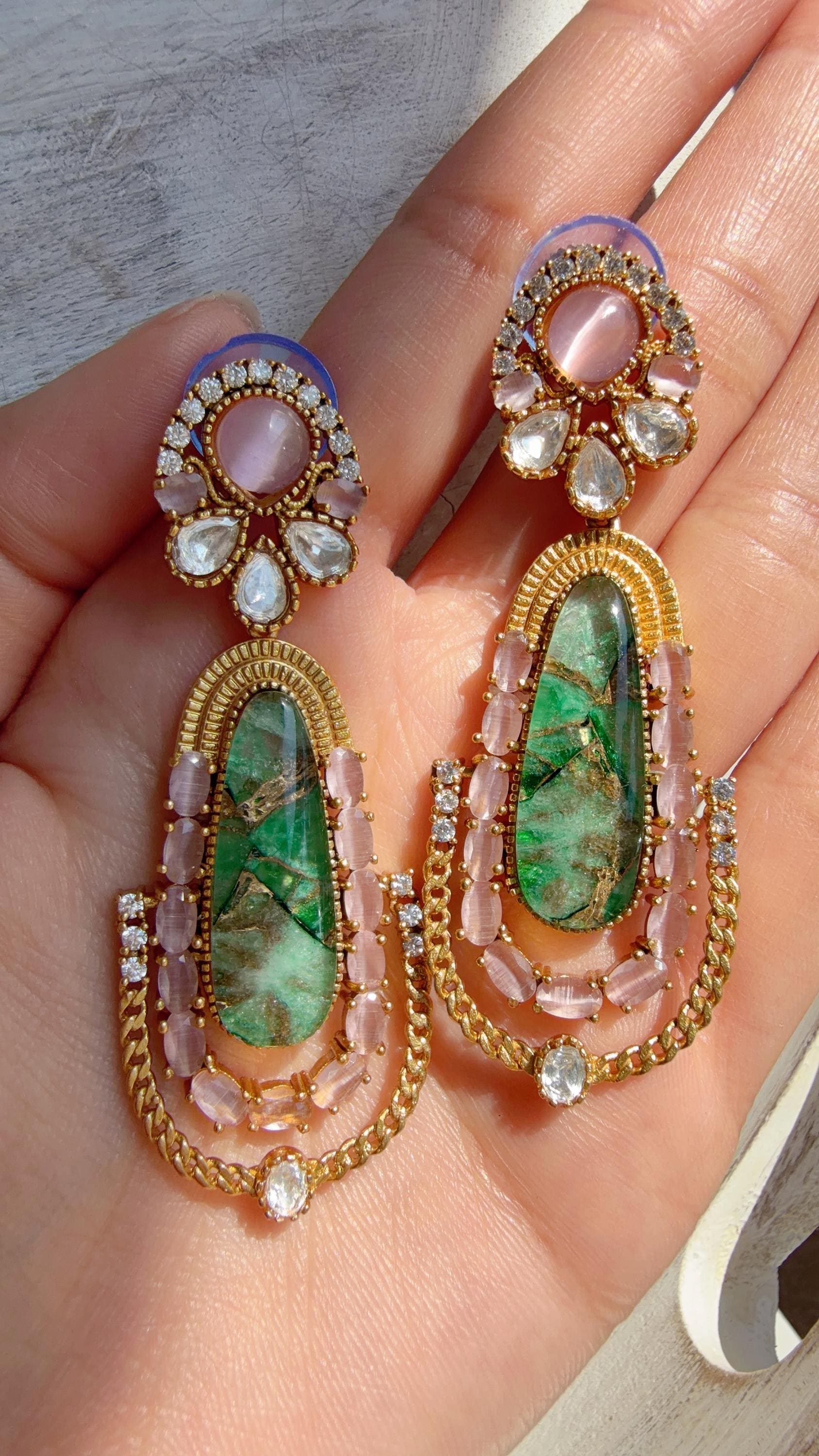 Kiran Sabyasachi-Inspired Moissanite Baby Pink Green Earrings/Elegant Statement Jewelry/ Moissanite Multi Earrings/Bridal Diamond earrings