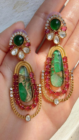 Kiran Sabyasachi-Inspired Moissanite Ruby Green Earrings/Elegant Statement Jewelry/ Moissanite Multi Earrings/Bridal Diamond earrings