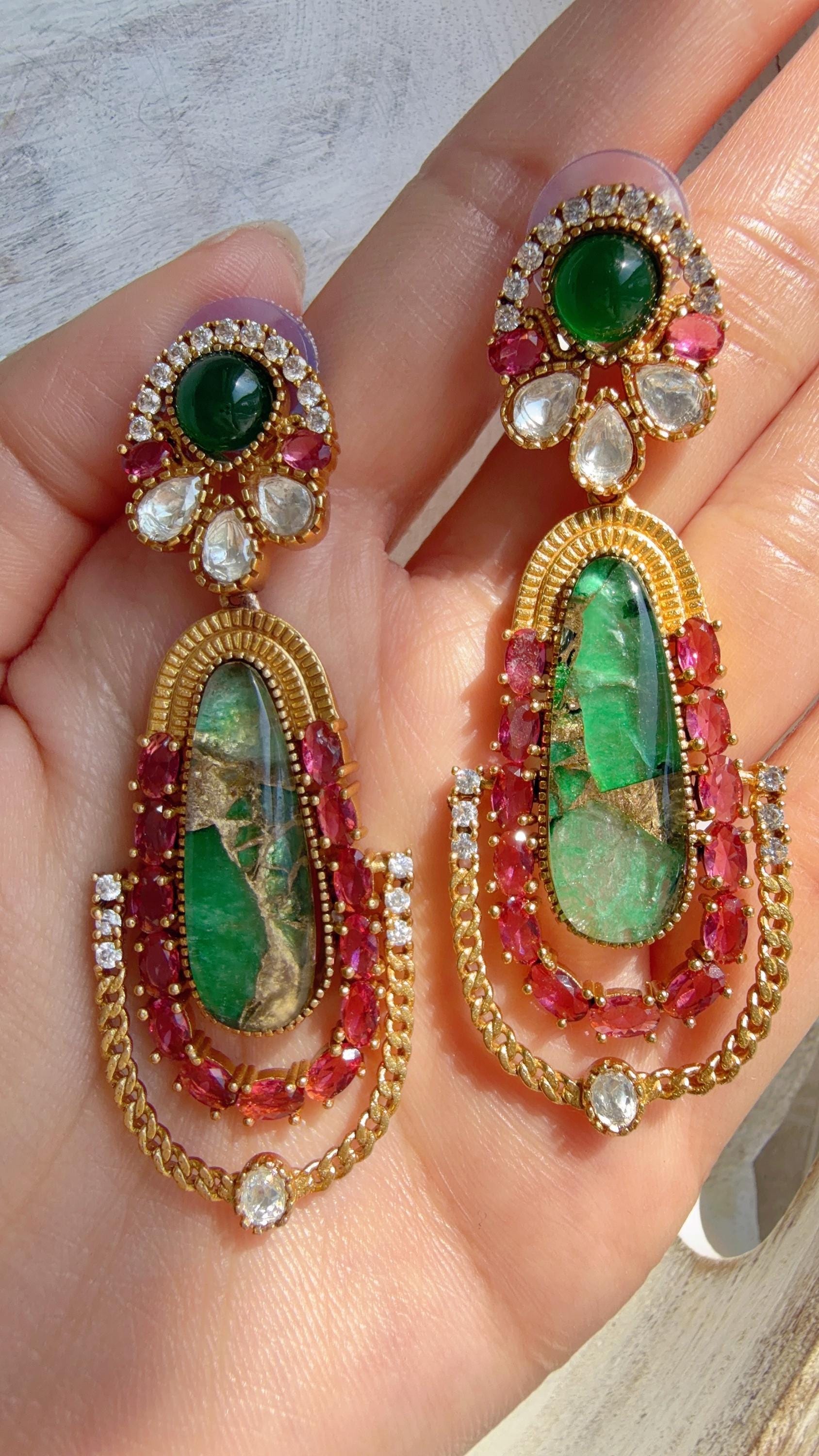 Kiran Sabyasachi-Inspired Moissanite Ruby Green Earrings/Elegant Statement Jewelry/ Moissanite Multi Earrings/Bridal Diamond earrings