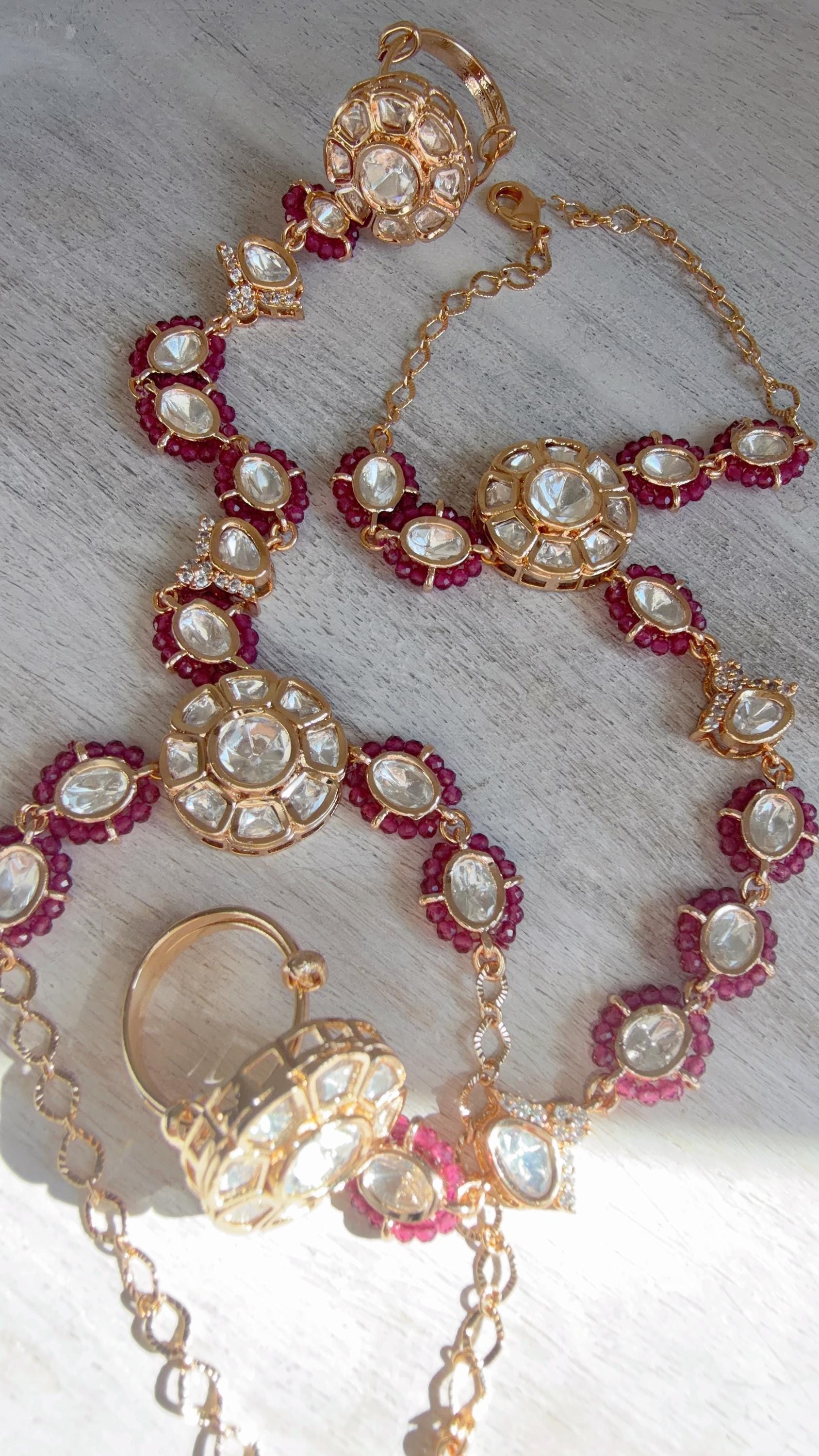 Moissanite Kundan Haath Phool Hath Panja Bracelet Ring Set | Polki Hand Harness | Indian Bridal Jewelry | Ruby Hand Jewelry - Bella