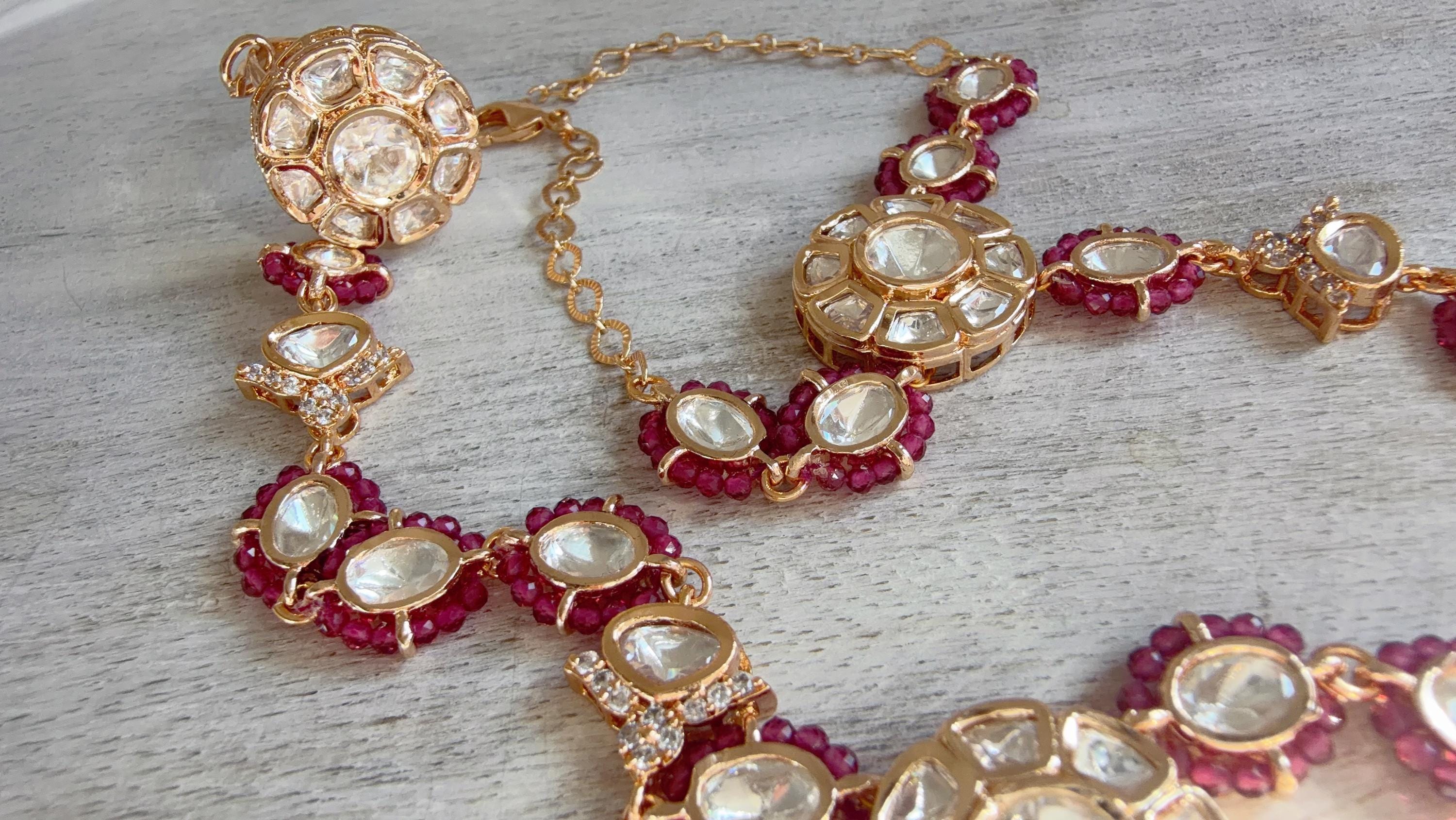 Moissanite Kundan Haath Phool Hath Panja Bracelet Ring Set | Polki Hand Harness | Indian Bridal Jewelry | Ruby Hand Jewelry - Bella