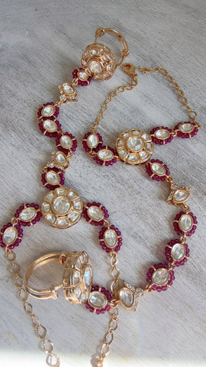 Moissanite Kundan Haath Phool Hath Panja Bracelet Ring Set | Polki Hand Harness | Indian Bridal Jewelry | Ruby Hand Jewelry - Bella