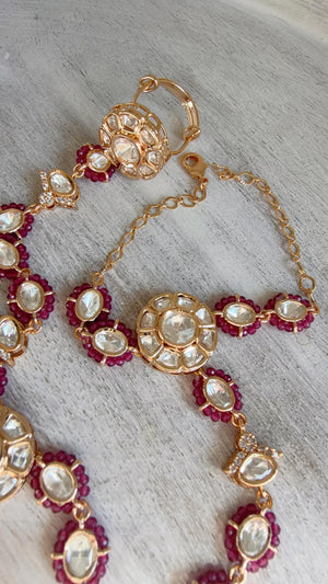 Moissanite Kundan Haath Phool Hath Panja Bracelet Ring Set | Polki Hand Harness | Indian Bridal Jewelry | Ruby Hand Jewelry - Bella