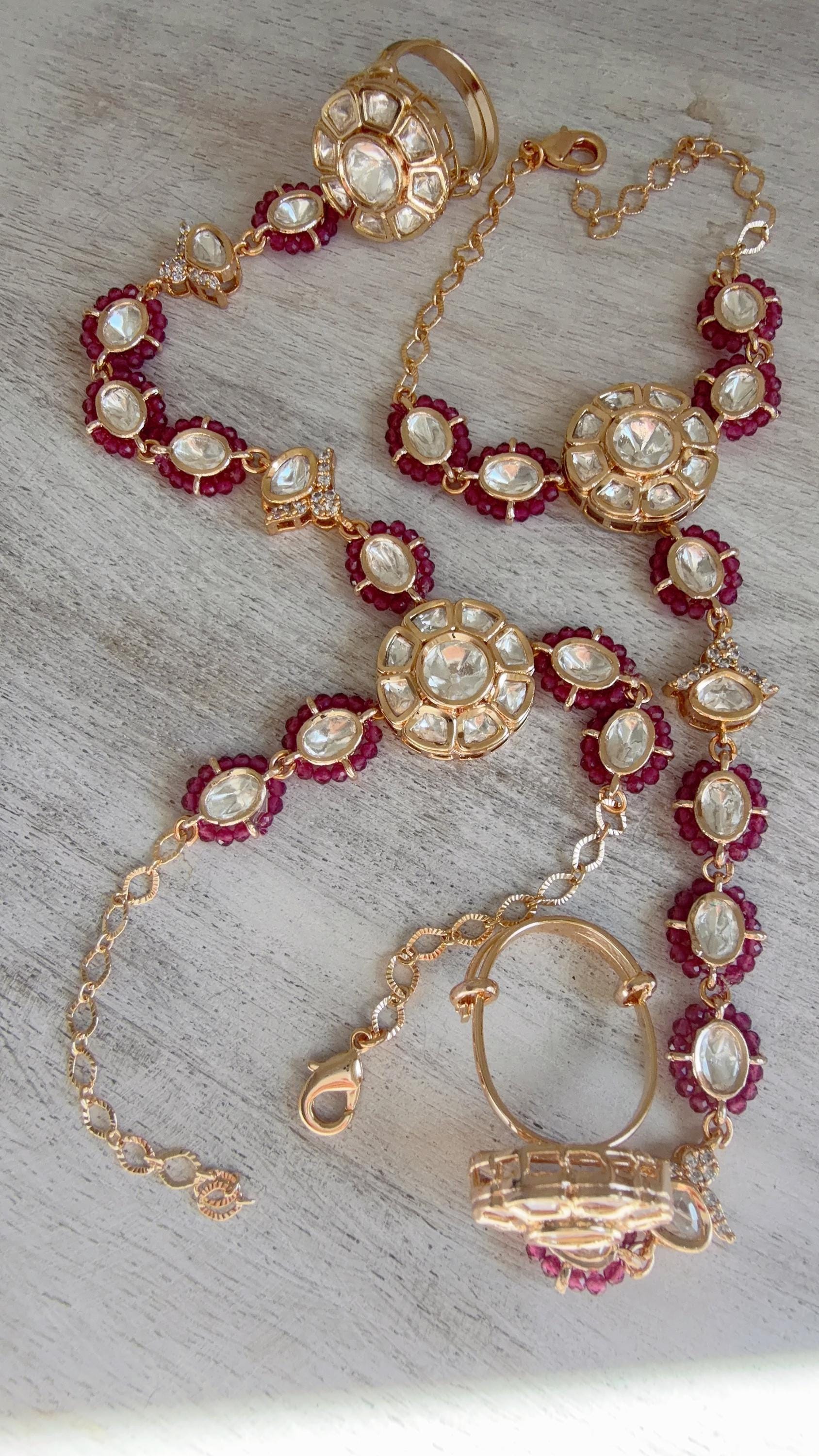 Moissanite Kundan Haath Phool Hath Panja Bracelet Ring Set | Polki Hand Harness | Indian Bridal Jewelry | Ruby Hand Jewelry - Bella