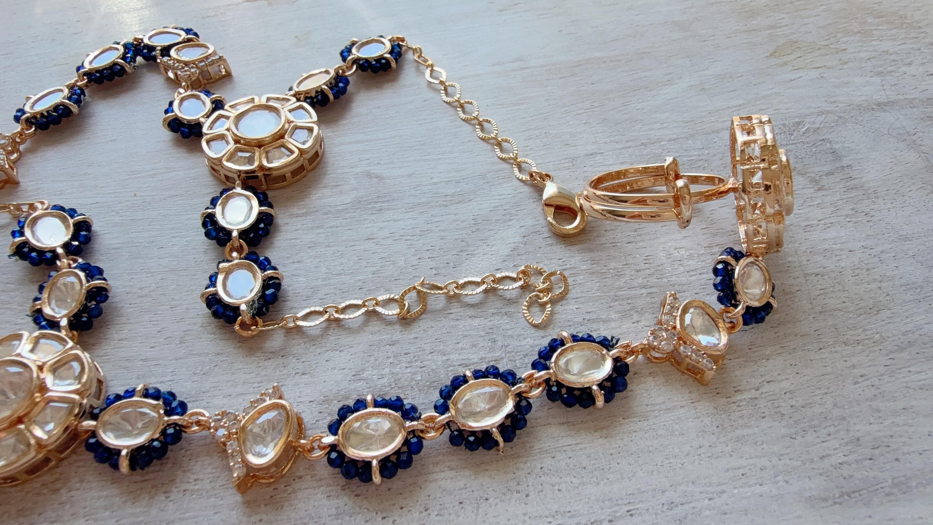 Moissanite Kundan Haath Phool Hath Panja Bracelet Ring Set | Polki Hand Harness | Indian Bridal Jewelry | Blue Hand Jewelry - Bella