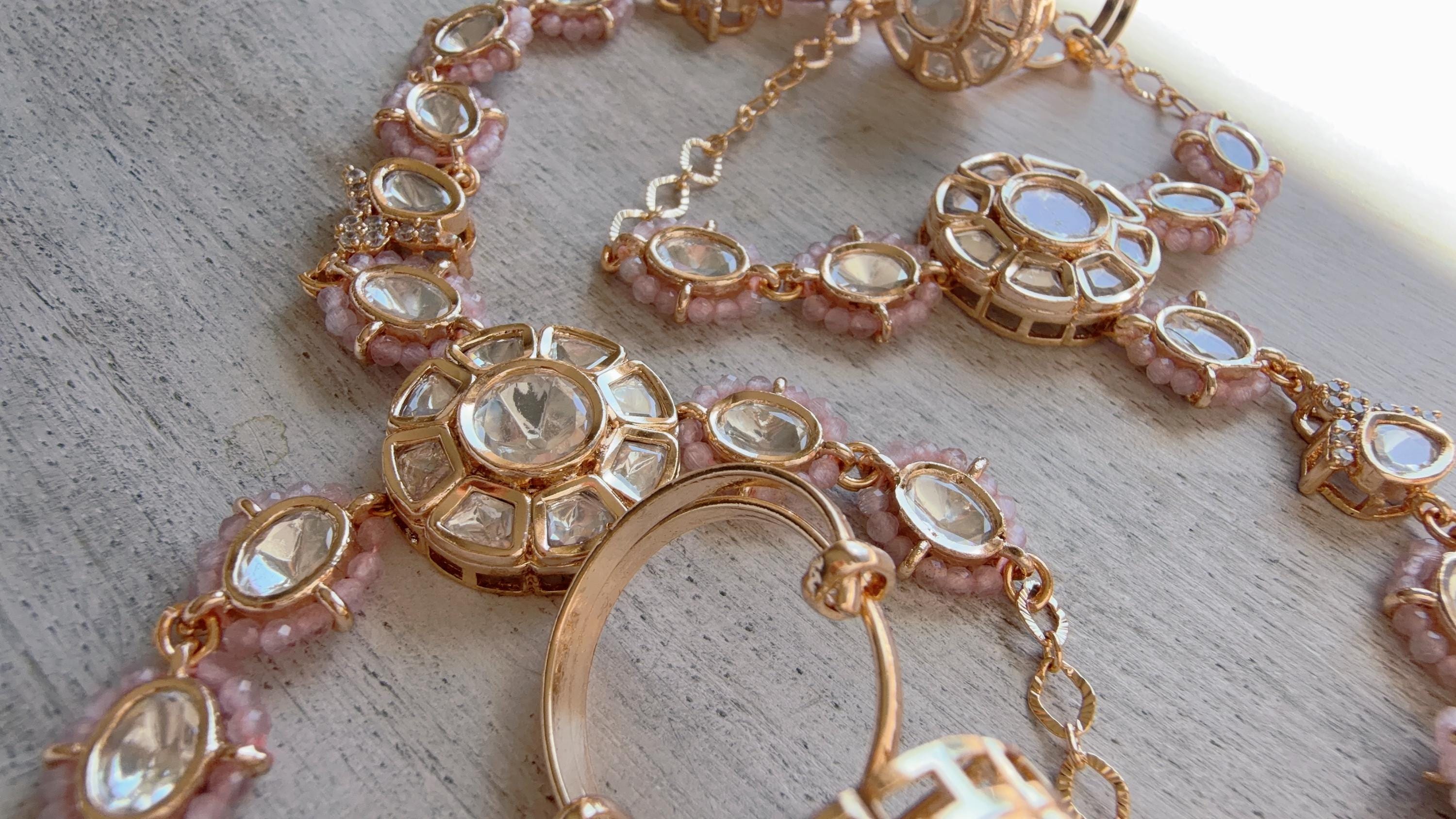 Moissanite Kundan Haath Phool Hath Panja Bracelet Ring Set | Polki Hand Harness | Indian Bridal Jewelry | Baby Pink Hand Jewelry - Bella