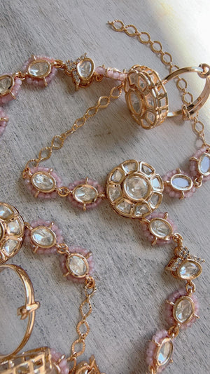 Moissanite Kundan Haath Phool Hath Panja Bracelet Ring Set | Polki Hand Harness | Indian Bridal Jewelry | Baby Pink Hand Jewelry - Bella