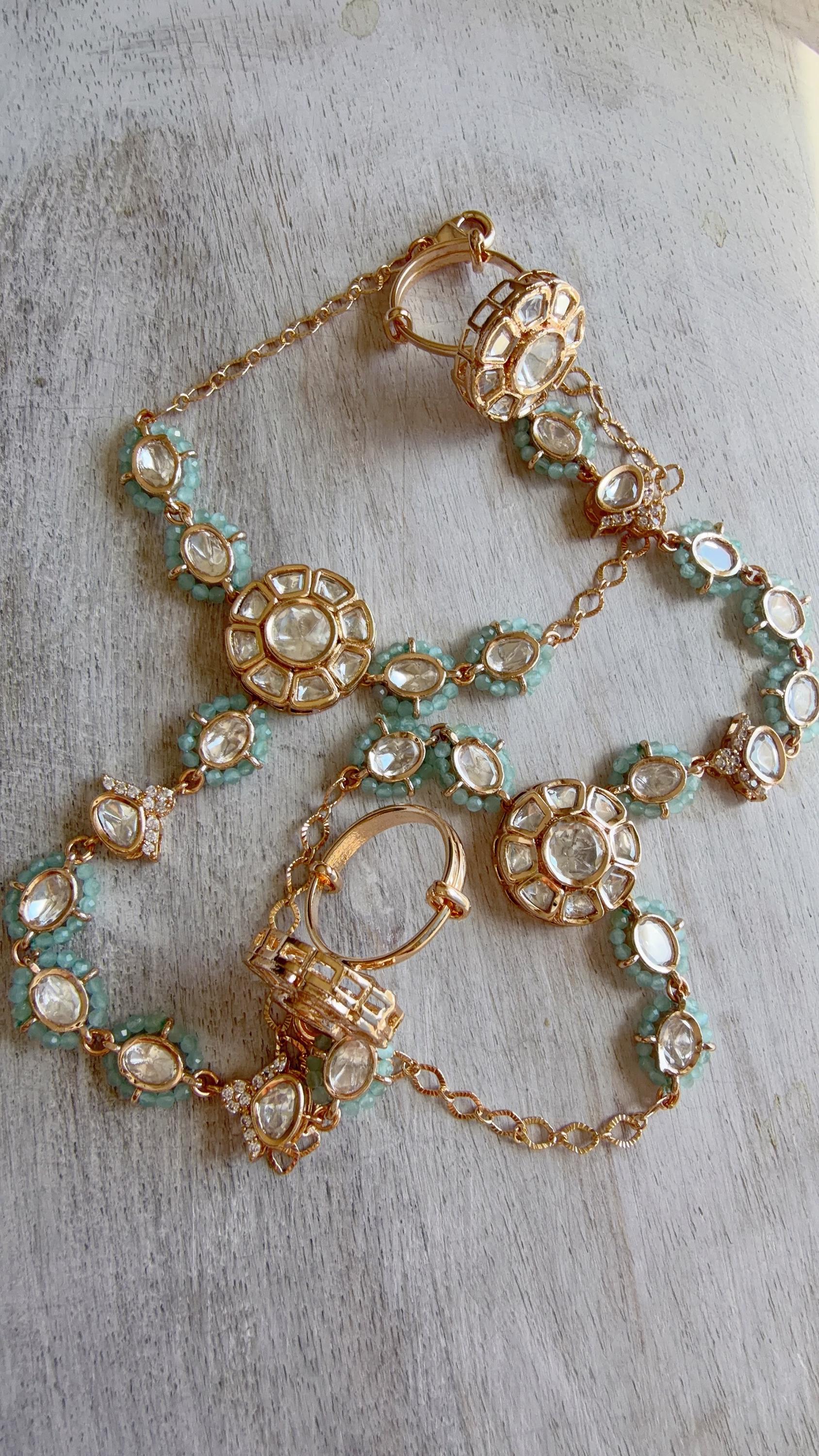 Moissanite Kundan Haath Phool Hath Panja Bracelet Ring Set | Polki Hand Harness | Indian Bridal Jewelry | Mint Green Hand Jewelry - Bella