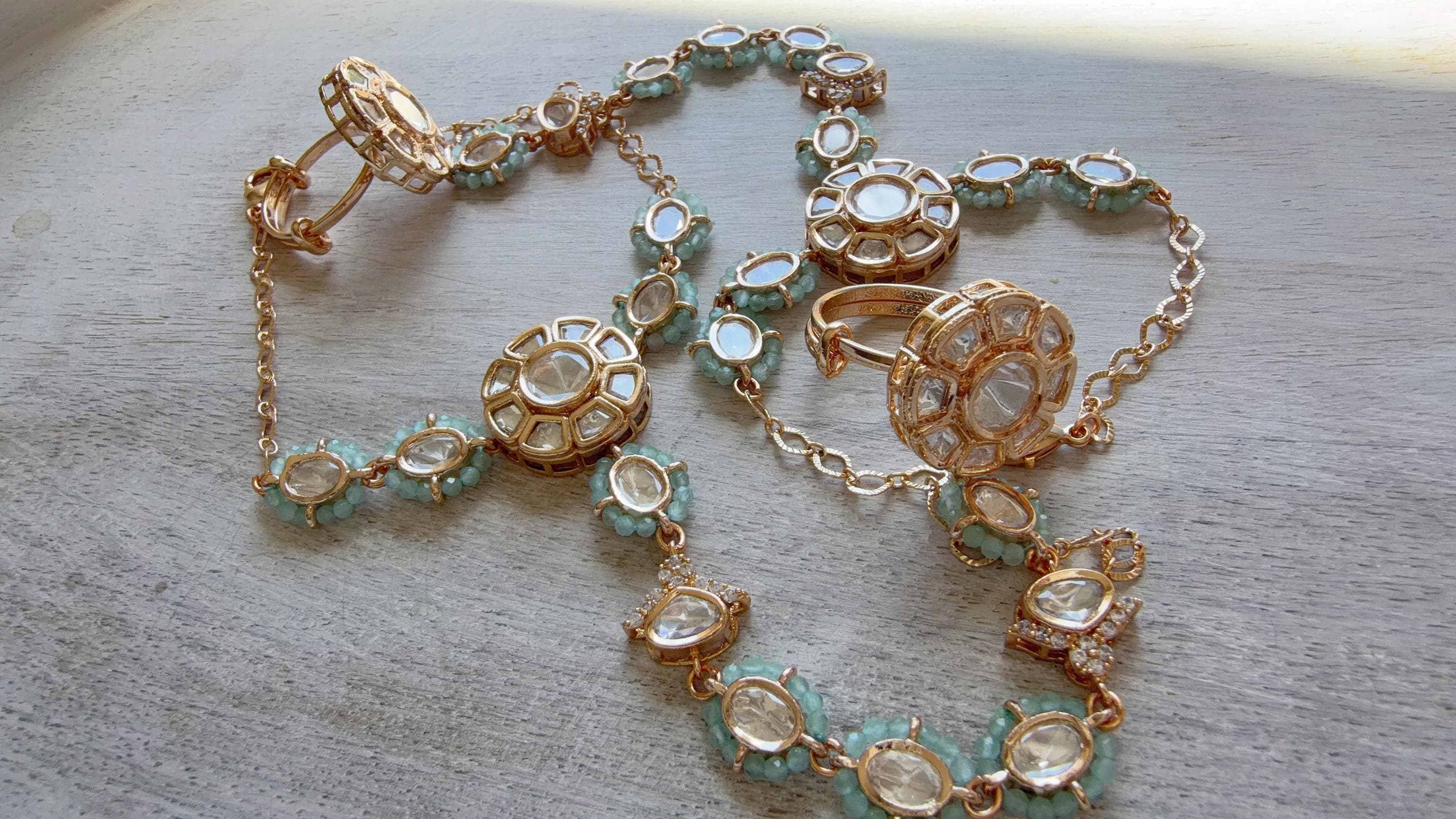 Moissanite Kundan Haath Phool Hath Panja Bracelet Ring Set | Polki Hand Harness | Indian Bridal Jewelry | Mint Green Hand Jewelry - Bella