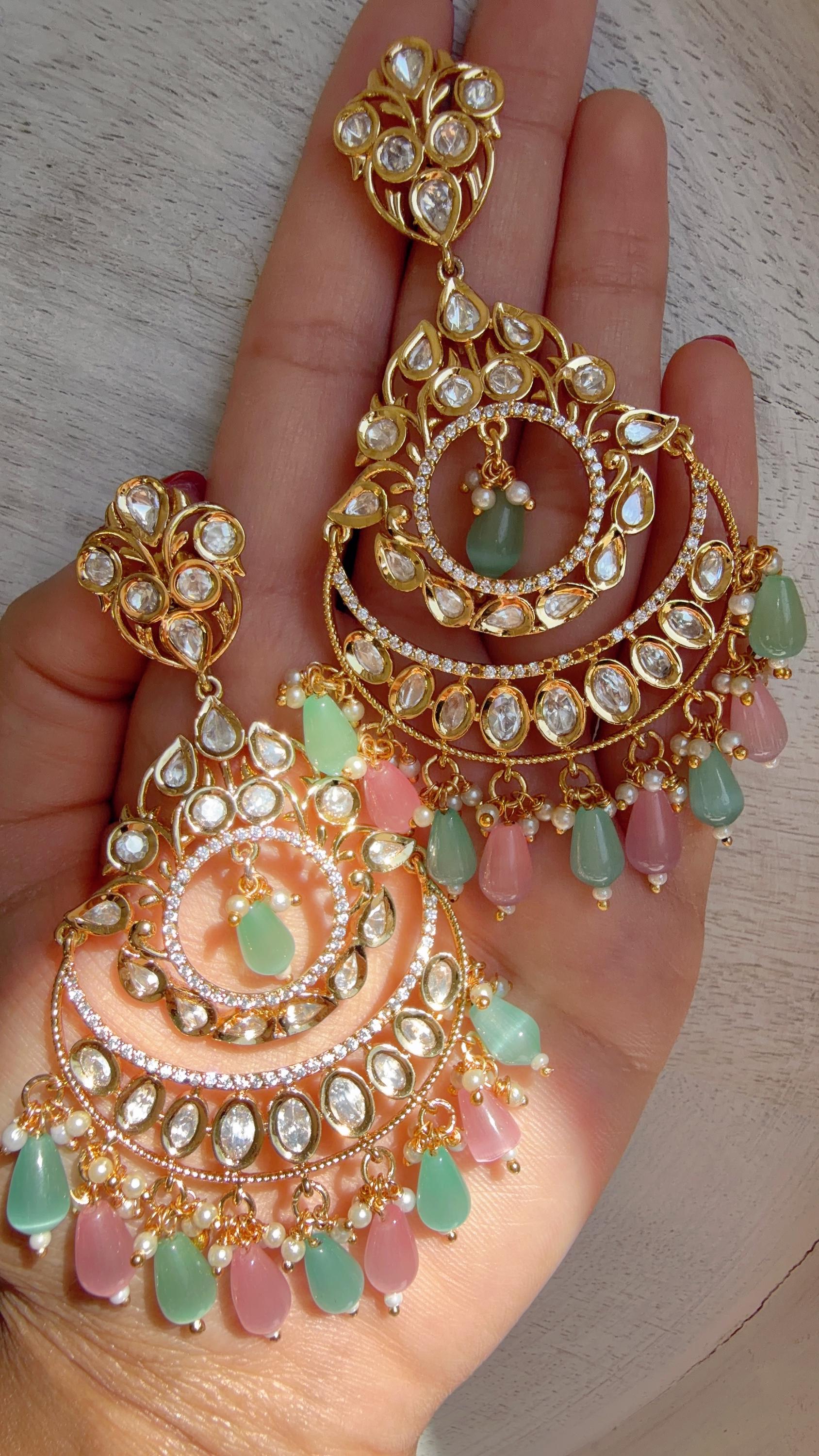 Pastel Mint & Pink Kundan Chandbali Earrings | Gold Plated Polki Earrings | Indian Bridal Jewelry | Wedding Statement Earrings