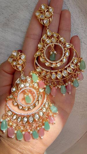 Pastel Mint & Pink Kundan Chandbali Earrings | Gold Plated Polki Earrings | Indian Bridal Jewelry | Wedding Statement Earrings