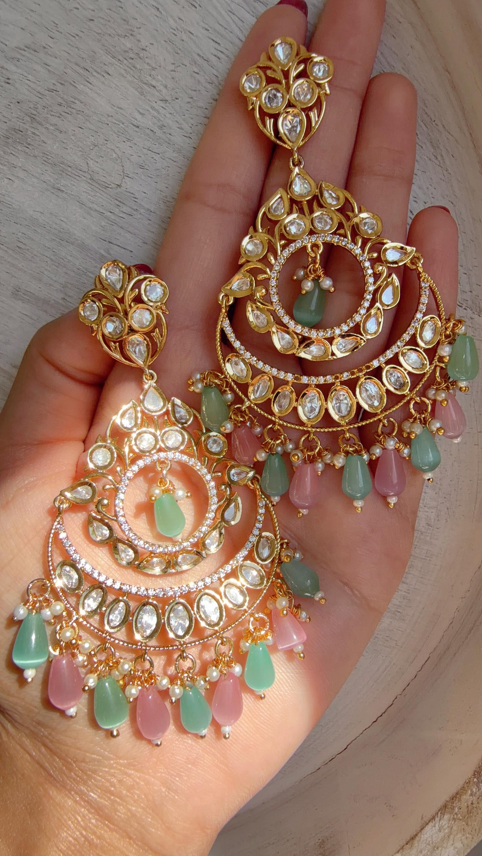 Pastel Mint & Pink Kundan Chandbali Earrings | Gold Plated Polki Earrings | Indian Bridal Jewelry | Wedding Statement Earrings