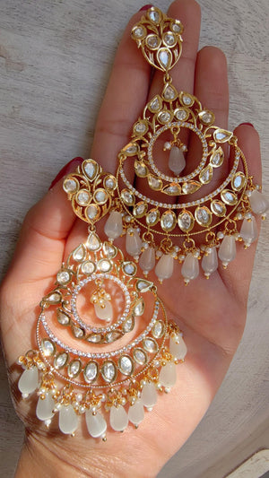 White Kundan Chandbali Earrings | Gold Plated Polki Earrings | Indian Bridal Jewelry | Wedding Statement Earrings