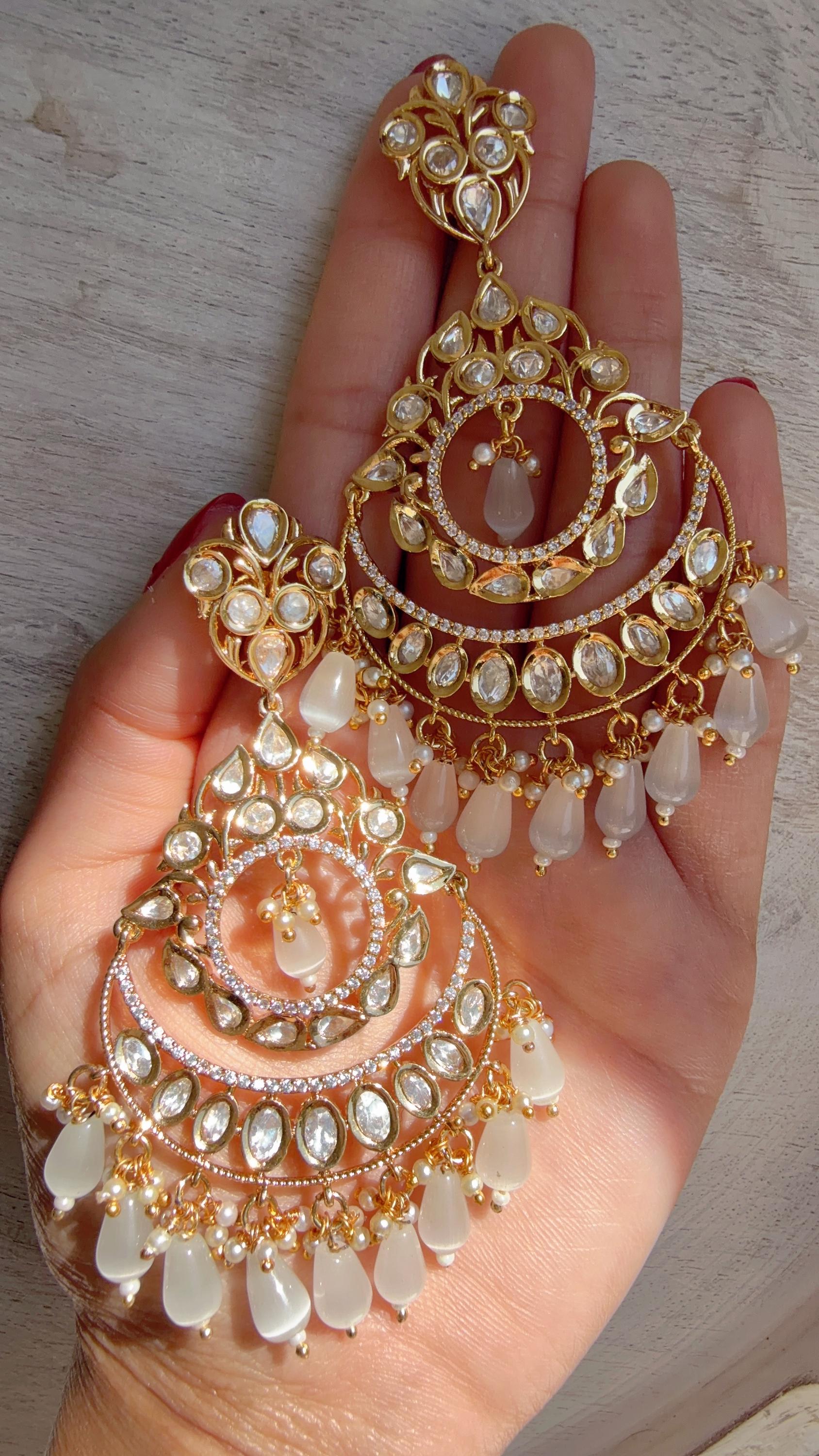 White Kundan Chandbali Earrings | Gold Plated Polki Earrings | Indian Bridal Jewelry | Wedding Statement Earrings