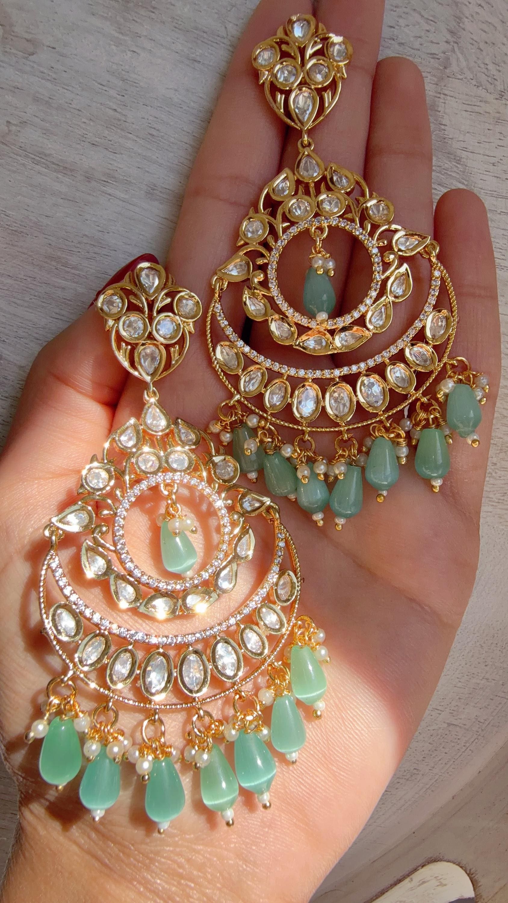 Mint Kundan Chandbali Earrings | Gold Plated Polki Earrings | Indian Bridal Jewelry | Wedding Statement Earrings