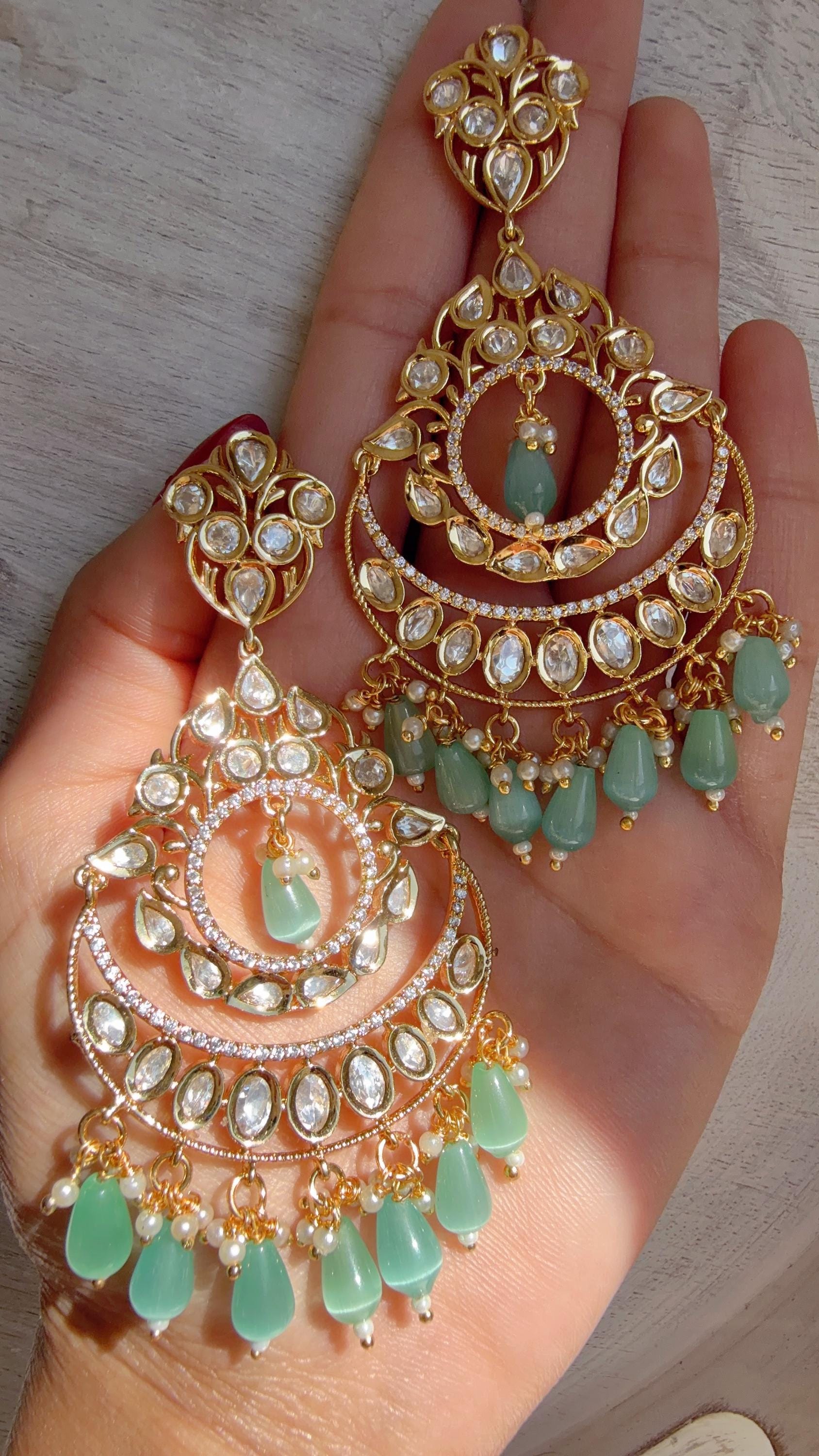 Mint Kundan Chandbali Earrings | Gold Plated Polki Earrings | Indian Bridal Jewelry | Wedding Statement Earrings
