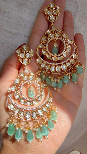 Mint Kundan Chandbali Earrings | Gold Plated Polki Earrings | Indian Bridal Jewelry | Wedding Statement Earrings