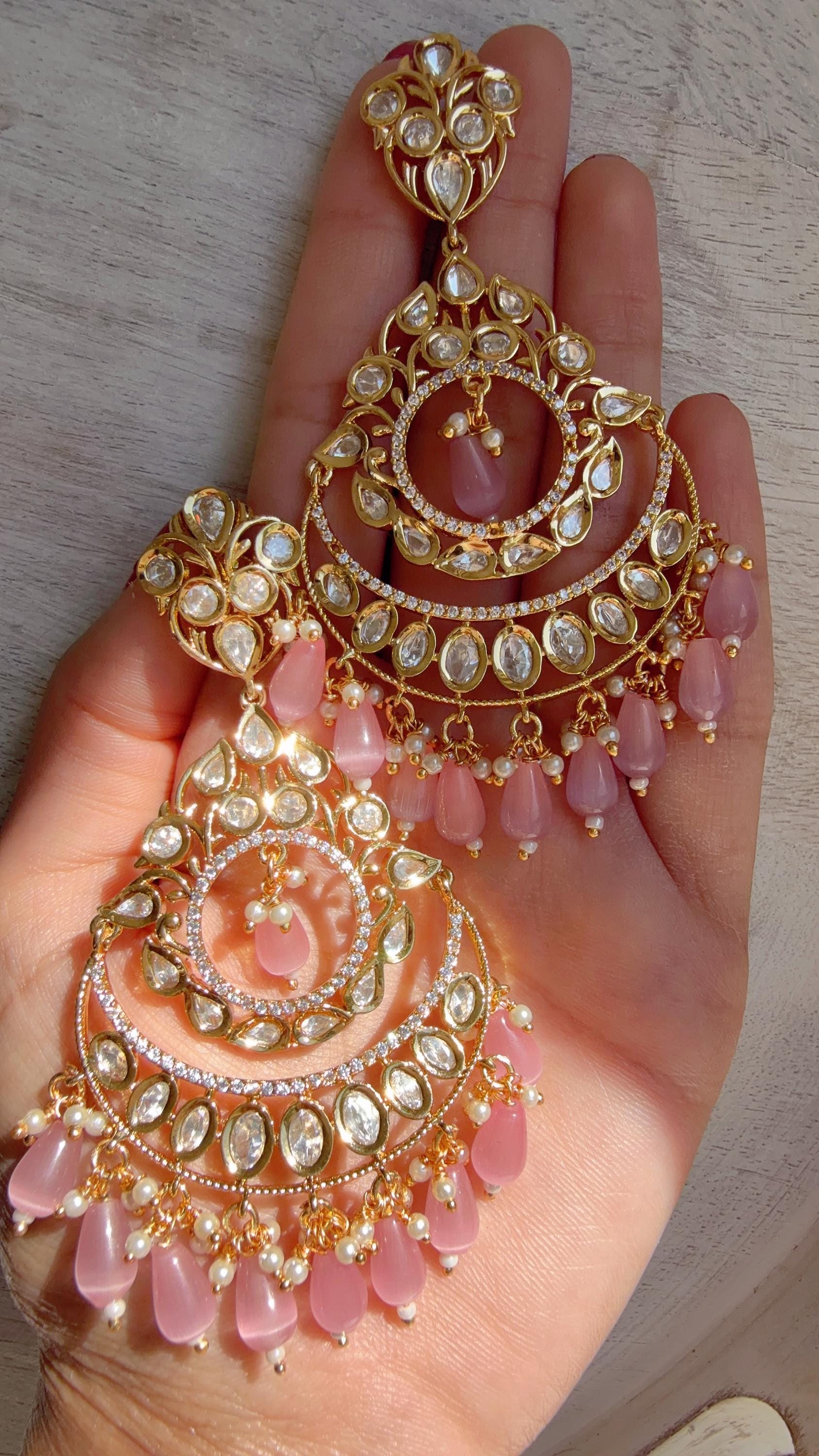 Pink Kundan Chandbali Earrings | Gold Plated Polki Earrings | Indian Bridal Jewelry | Wedding Statement Earrings