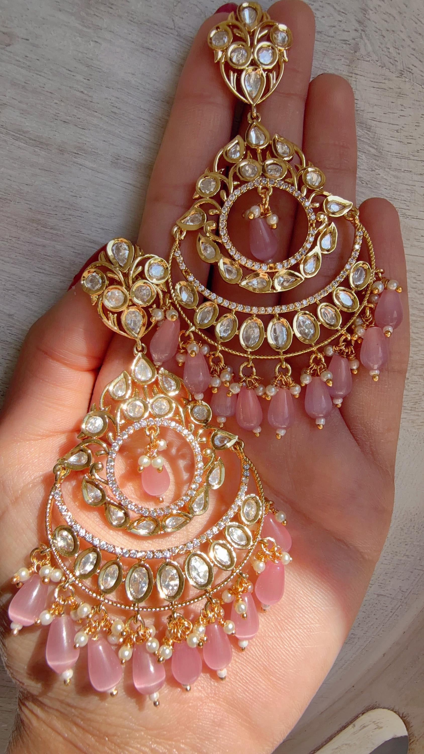 Pink Kundan Chandbali Earrings | Gold Plated Polki Earrings | Indian Bridal Jewelry | Wedding Statement Earrings