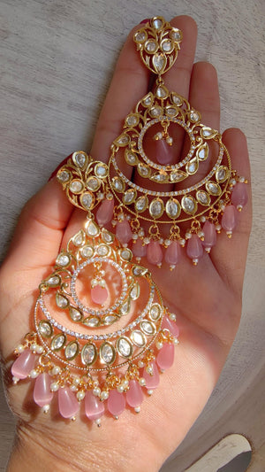 Pink Kundan Chandbali Earrings | Gold Plated Polki Earrings | Indian Bridal Jewelry | Wedding Statement Earrings