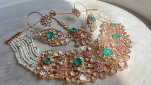 Nupur Sanon Inspired Mint Pink Kundan Choker Necklace Set | Polki Kundan Jewelry with Ear Cuff Earrings & Maang Tikka