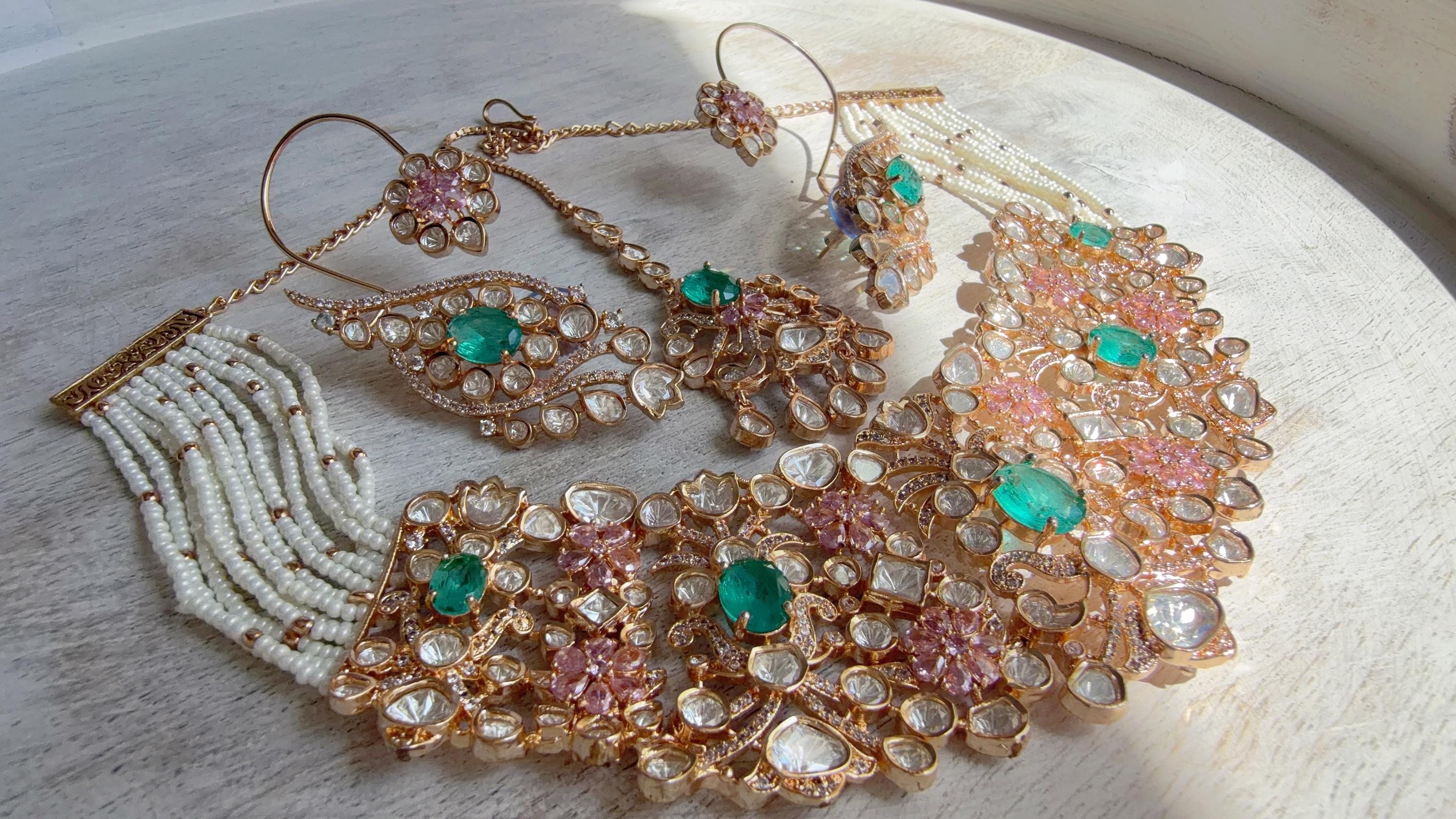 Nupur Sanon Inspired Mint Pink Kundan Choker Necklace Set | Polki Kundan Jewelry with Ear Cuff Earrings & Maang Tikka