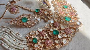 Nupur Sanon Inspired Mint Pink Kundan Choker Necklace Set | Polki Kundan Jewelry with Ear Cuff Earrings & Maang Tikka