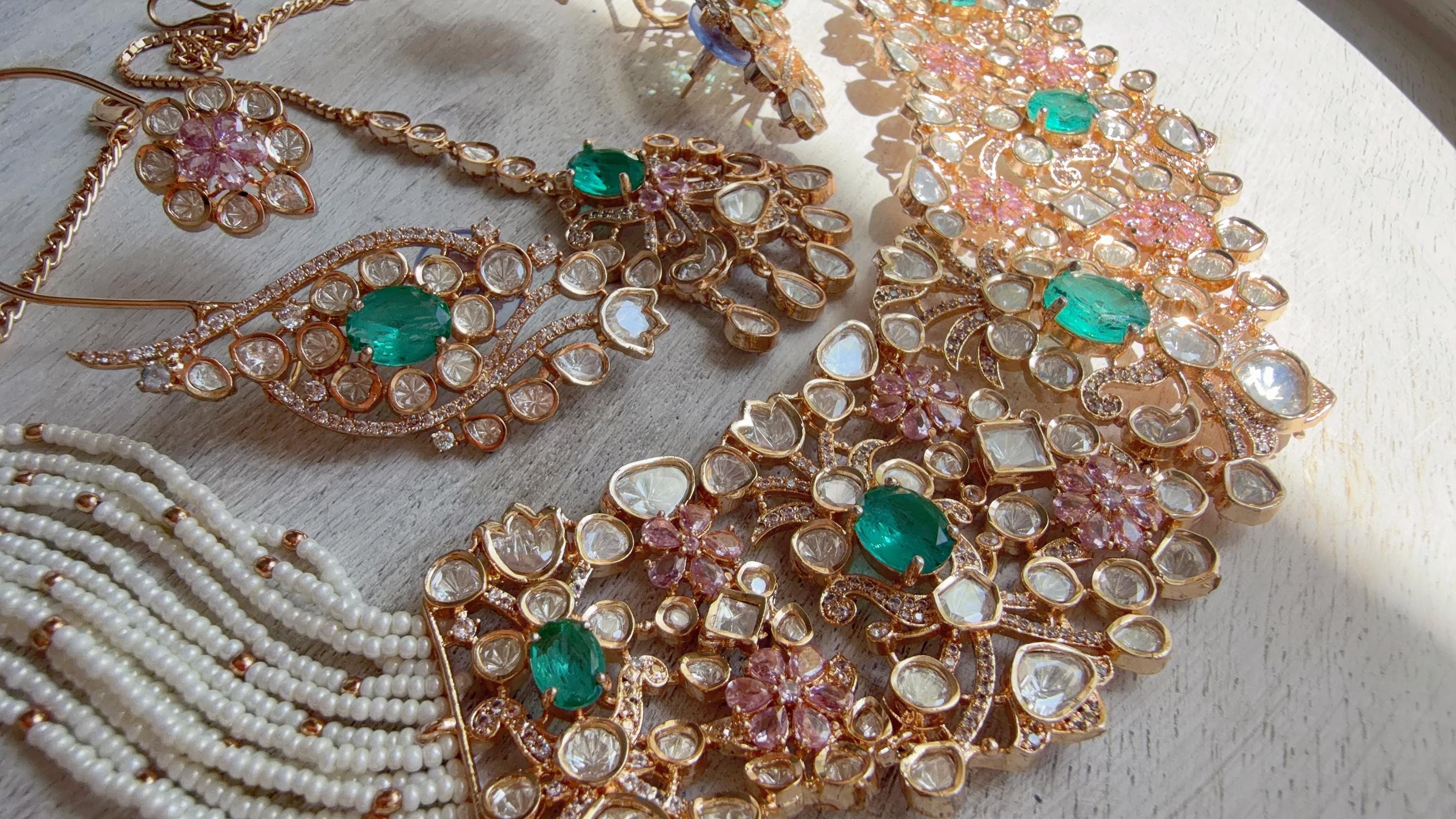 Nupur Sanon Inspired Mint Pink Kundan Choker Necklace Set | Polki Kundan Jewelry with Ear Cuff Earrings & Maang Tikka