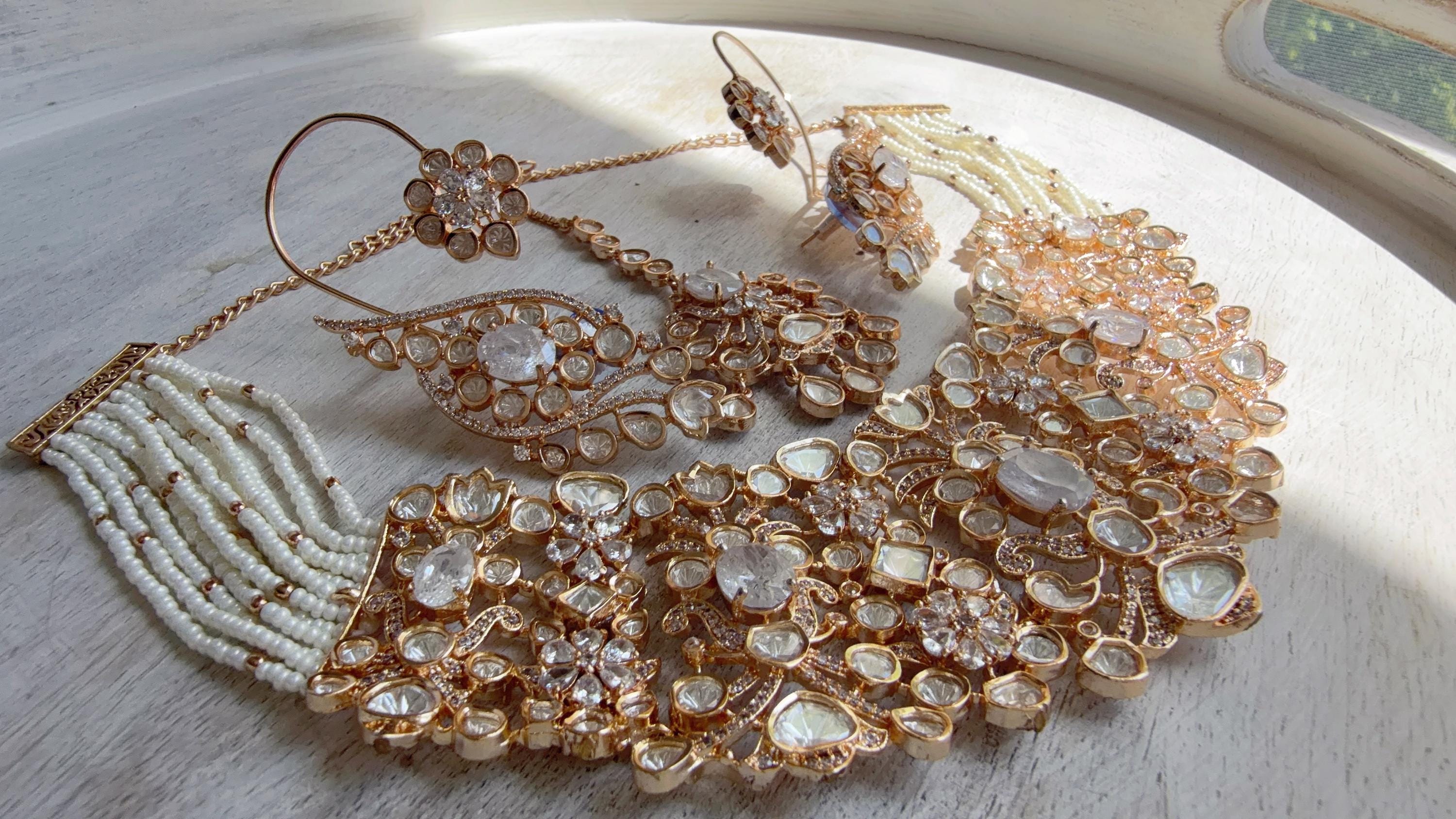 Nupur Sanon Inspired Gold Kundan Choker Necklace Set | Polki Kundan Jewelry with Ear Cuff Earrings & Maang Tikka