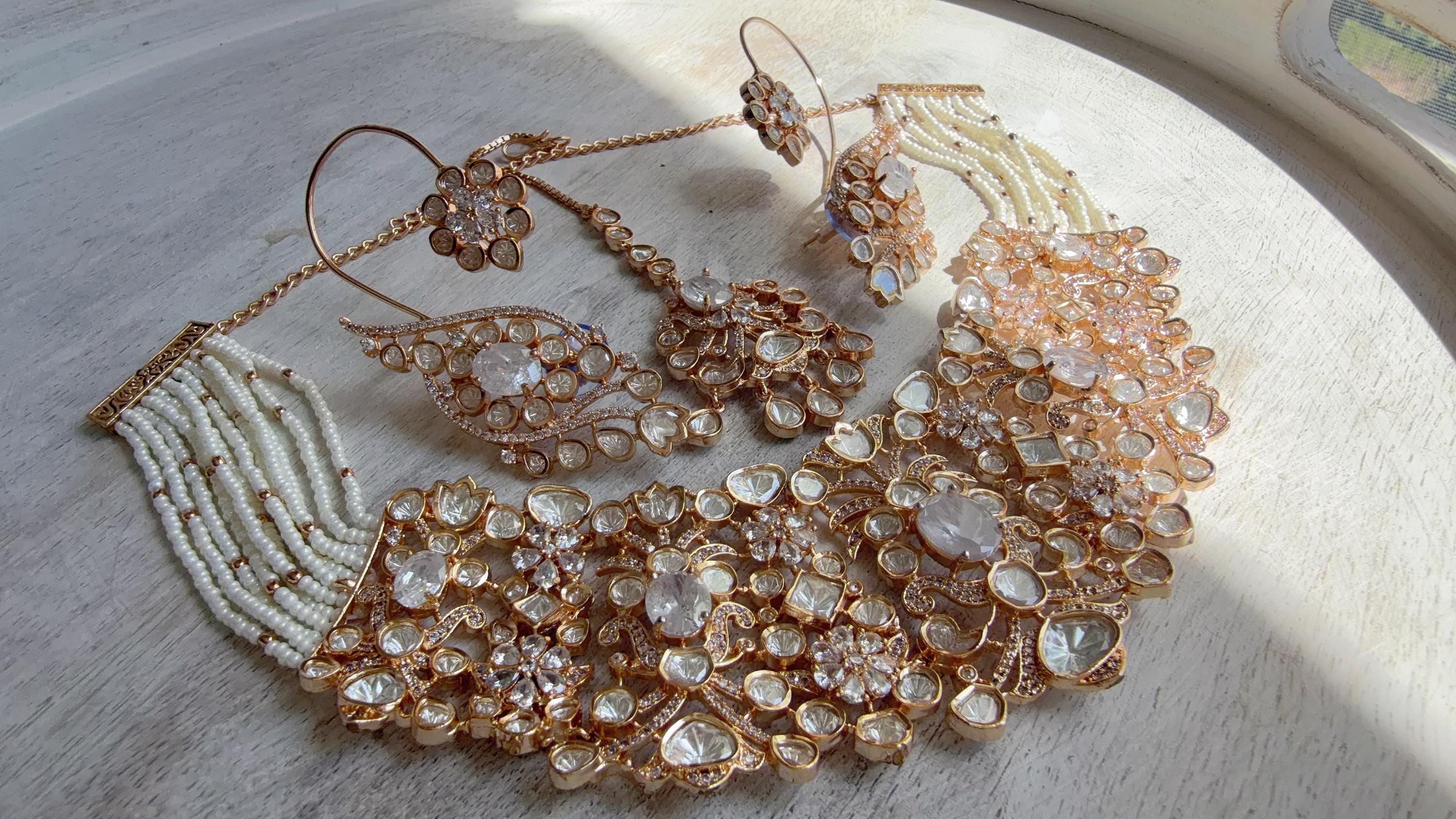Nupur Sanon Inspired Gold Kundan Choker Necklace Set | Polki Kundan Jewelry with Ear Cuff Earrings & Maang Tikka