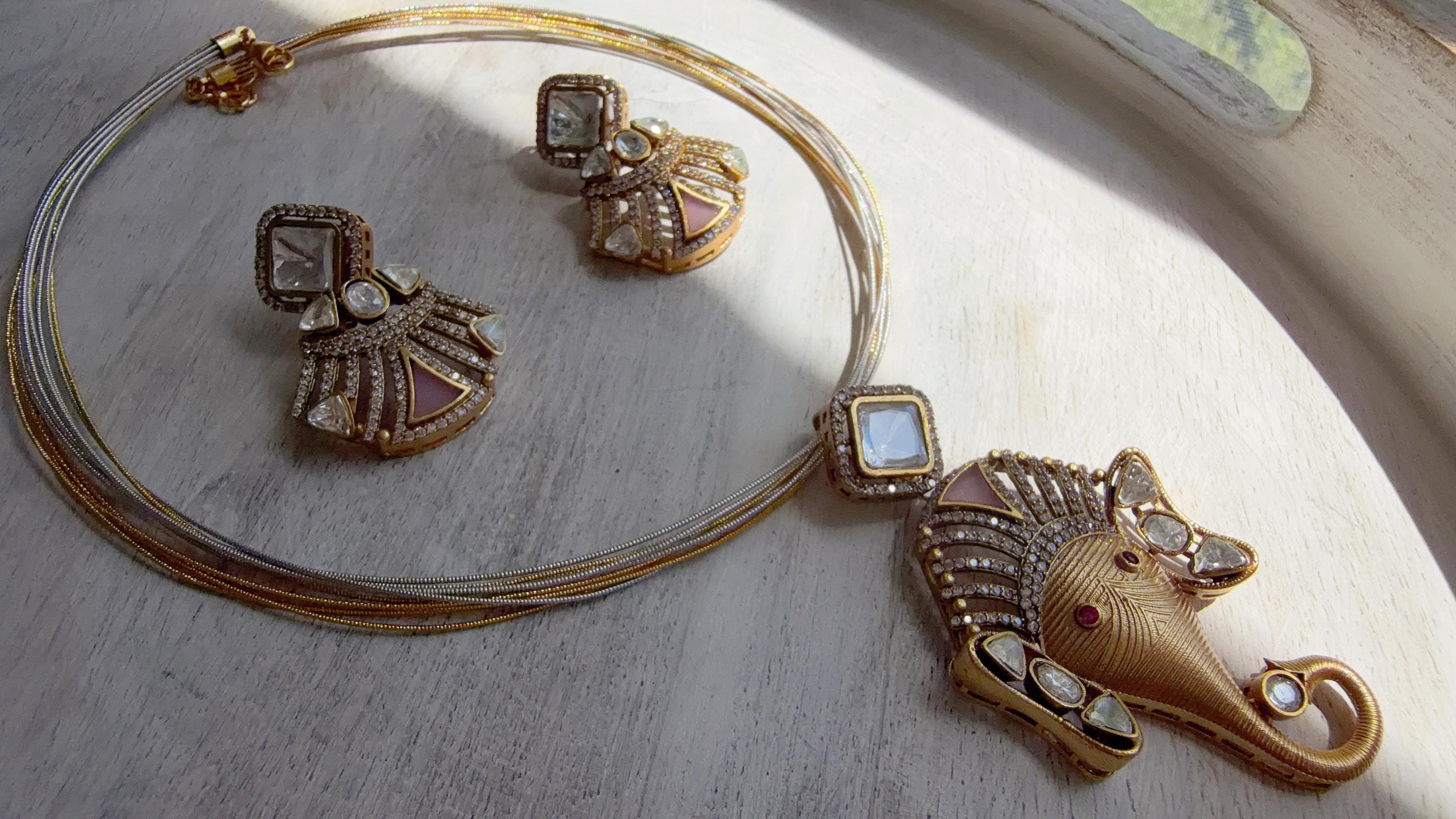 Dull Pink Moissanite Hasli Necklace Set with Earrings | Traditional Divine Diamond Ganesha Hasli Choker | Indian Wedding Jewelry – Rani