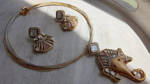 Dull Pink Moissanite Hasli Necklace Set with Earrings | Traditional Divine Diamond Ganesha Hasli Choker | Indian Wedding Jewelry – Rani