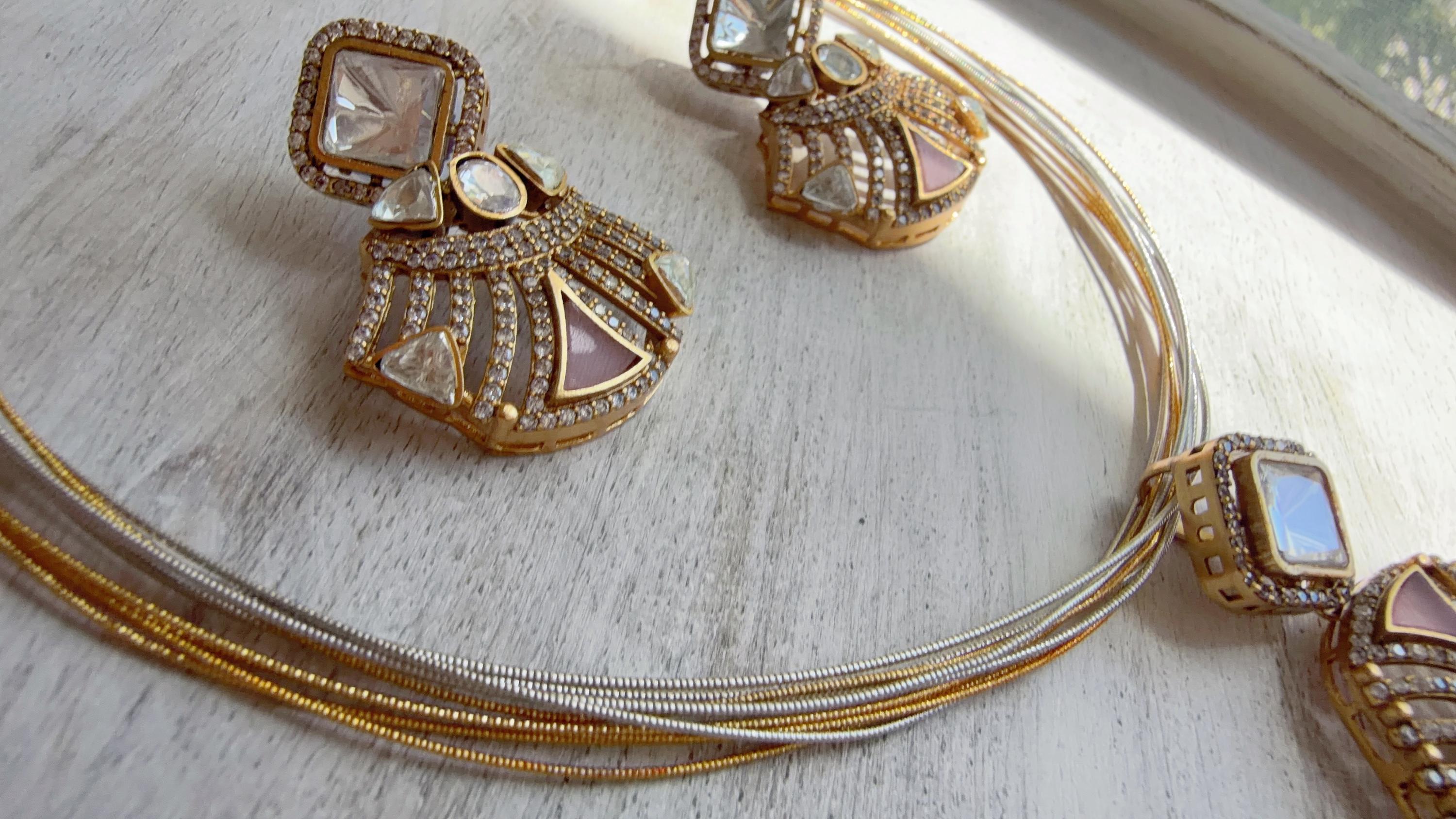 Dull Pink Moissanite Hasli Necklace Set with Earrings | Traditional Divine Diamond Ganesha Hasli Choker | Indian Wedding Jewelry – Rani