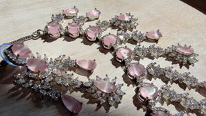 Baby Pink CZ Statement Necklace Set | Silver Tone Indian Bridal Jewelry | Wedding & Reception Necklace