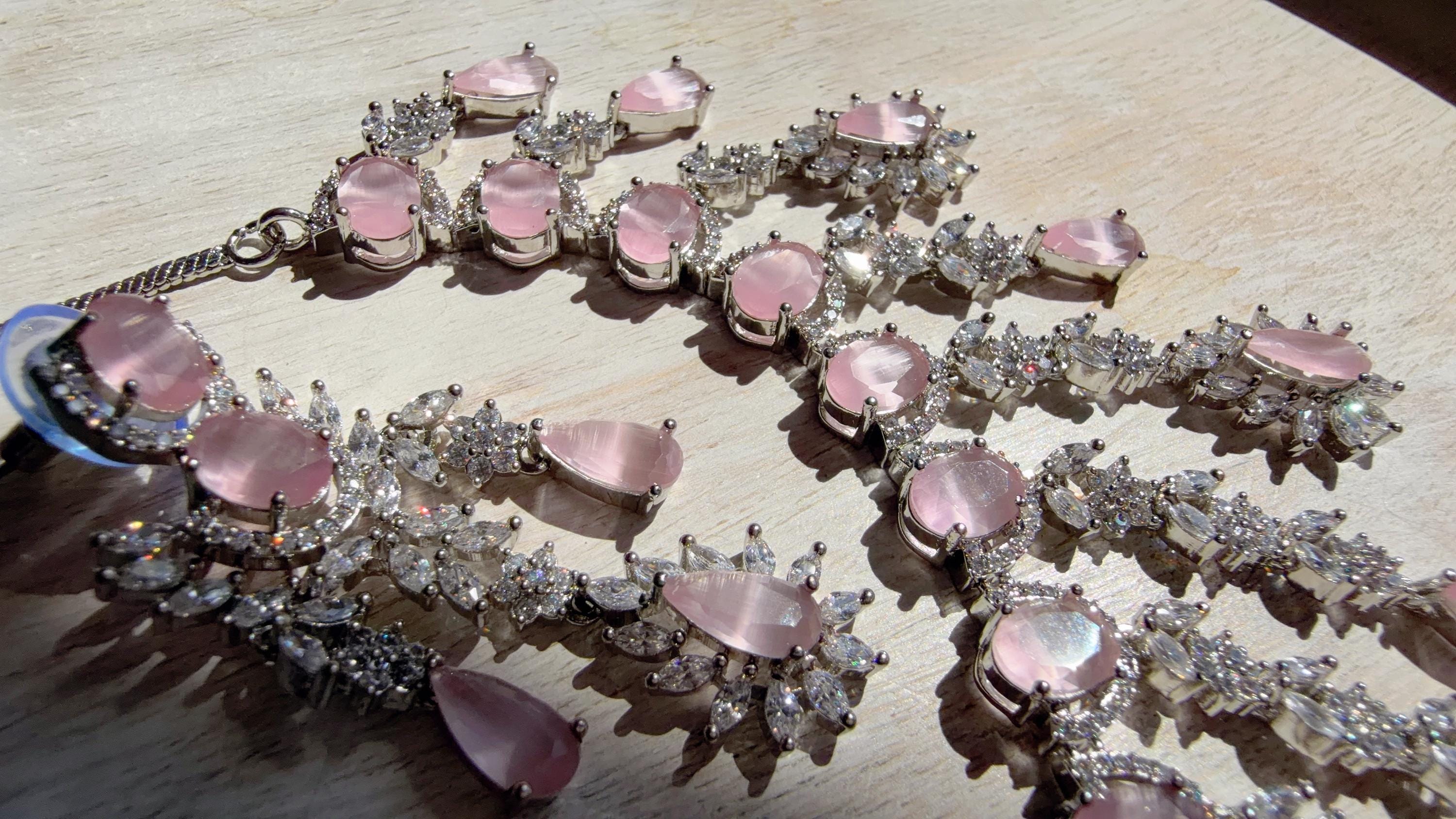 Baby Pink CZ Statement Necklace Set | Silver Tone Indian Bridal Jewelry | Wedding & Reception Necklace