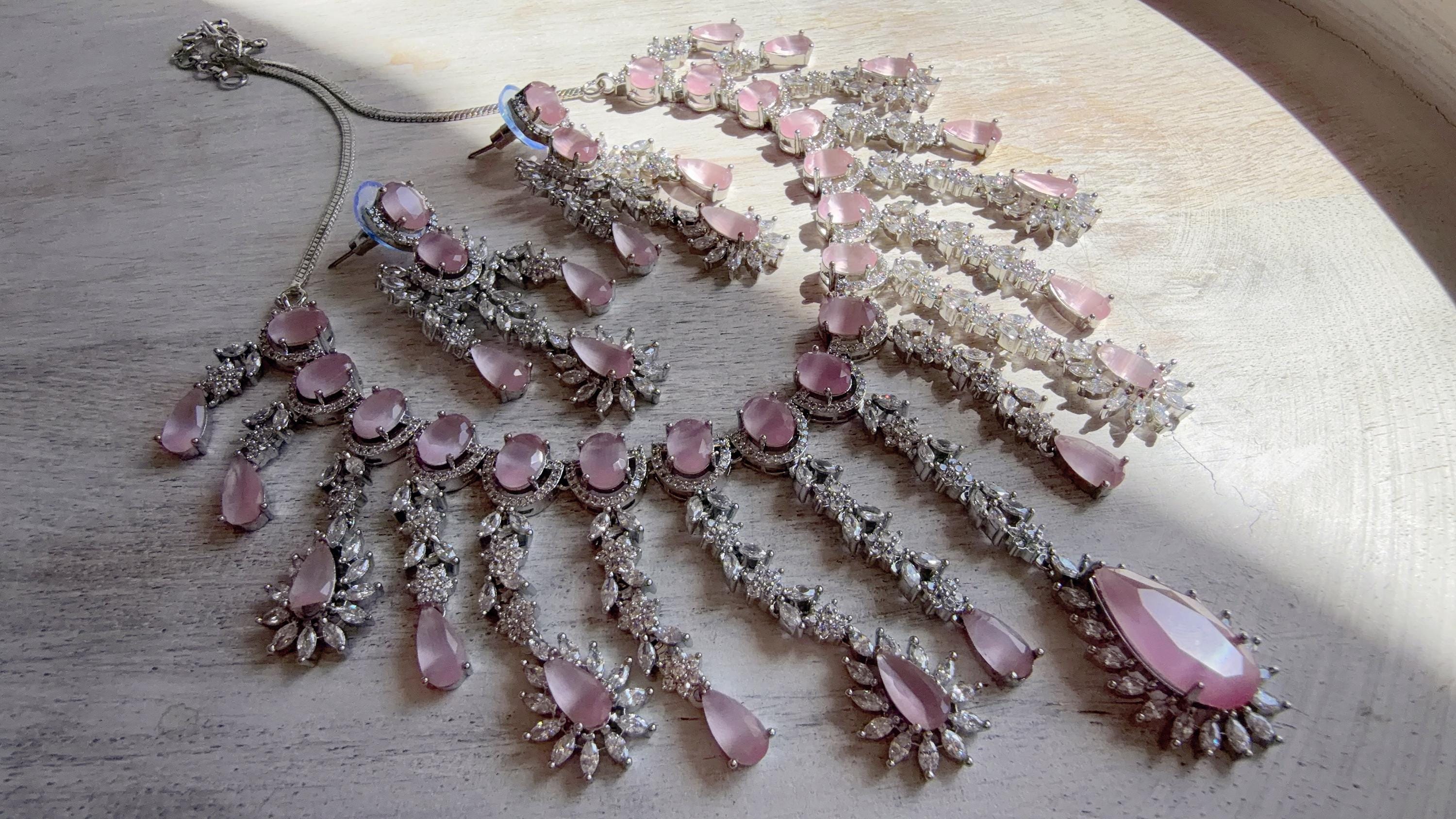 Baby Pink CZ Statement Necklace Set | Silver Tone Indian Bridal Jewelry | Wedding & Reception Necklace