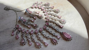 Baby Pink CZ Statement Necklace Set | Silver Tone Indian Bridal Jewelry | Wedding & Reception Necklace