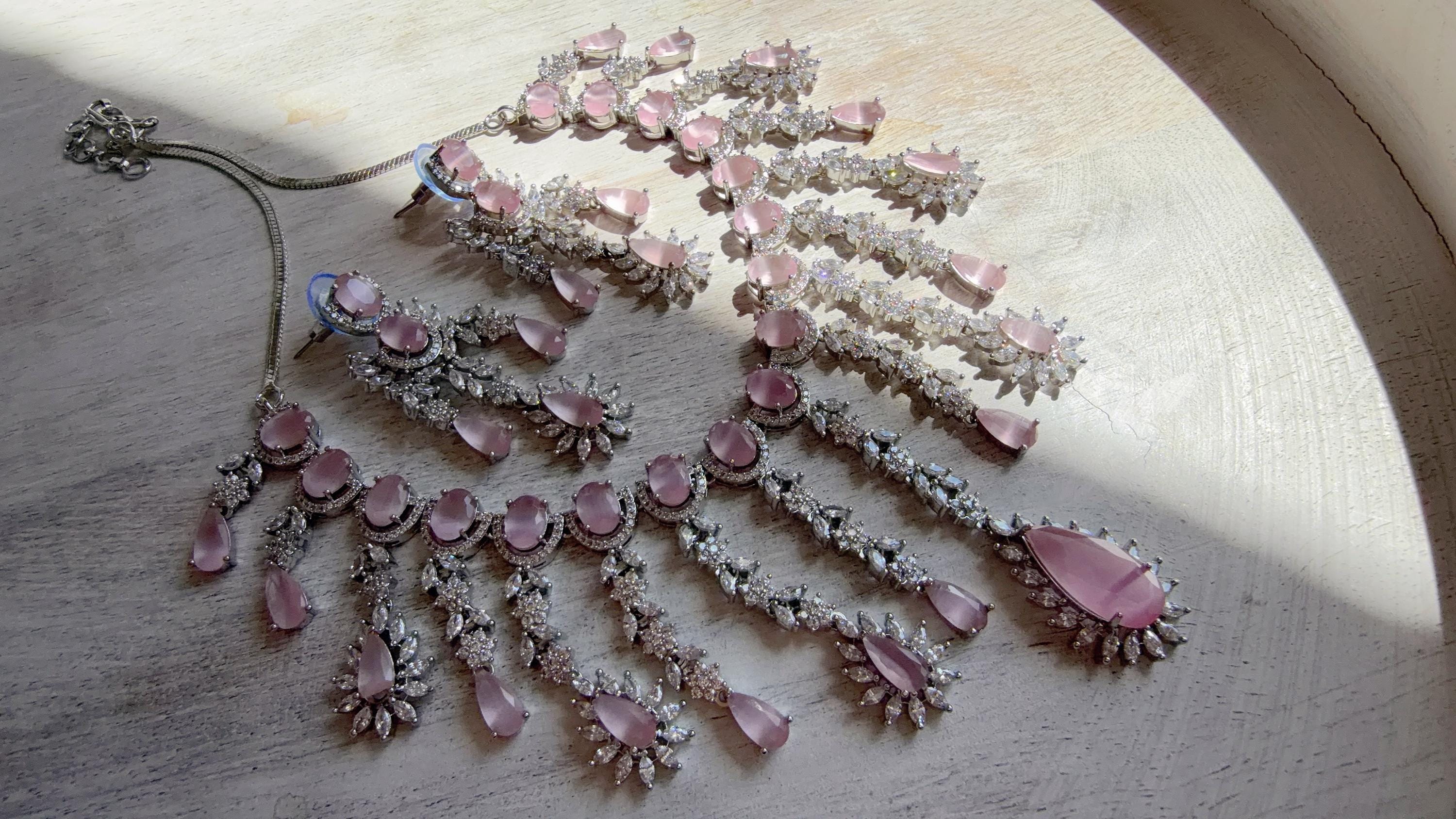 Baby Pink CZ Statement Necklace Set | Silver Tone Indian Bridal Jewelry | Wedding & Reception Necklace